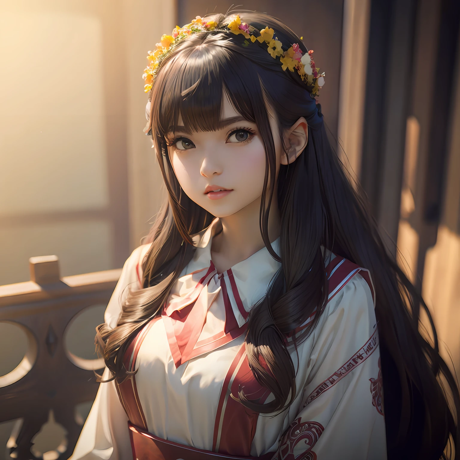 black hair, longeyelashes, solid circle eyes, ear blush, fang, brown hair, drill hair, hair behind ear, tiara, head wreath, flower on head, color contact lenses, hoop earrings, makeup, red lips, stereogram, tachi-e, pov, stereogram, anime, 8k, super detail, ccurate, best quality, masterpiece --auto
