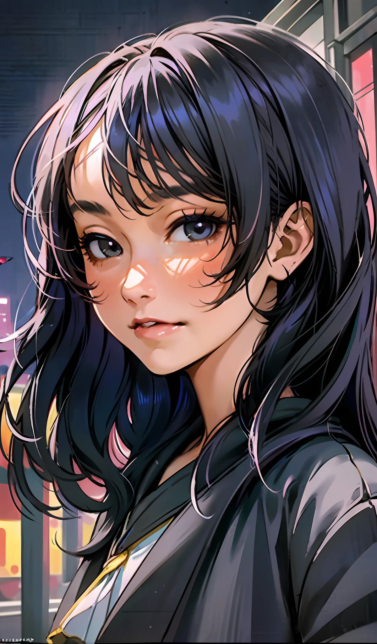 (extremely detailed CG portrait of 1girl, masterpiece, best quality), with black hair, black eyes, and soft lips, set against a breathtaking night view of the city with dazzling city lights. The dark background beautifully contrasts with the vibrant anime style of the portrait, creating an unmistakable anime vibe.
