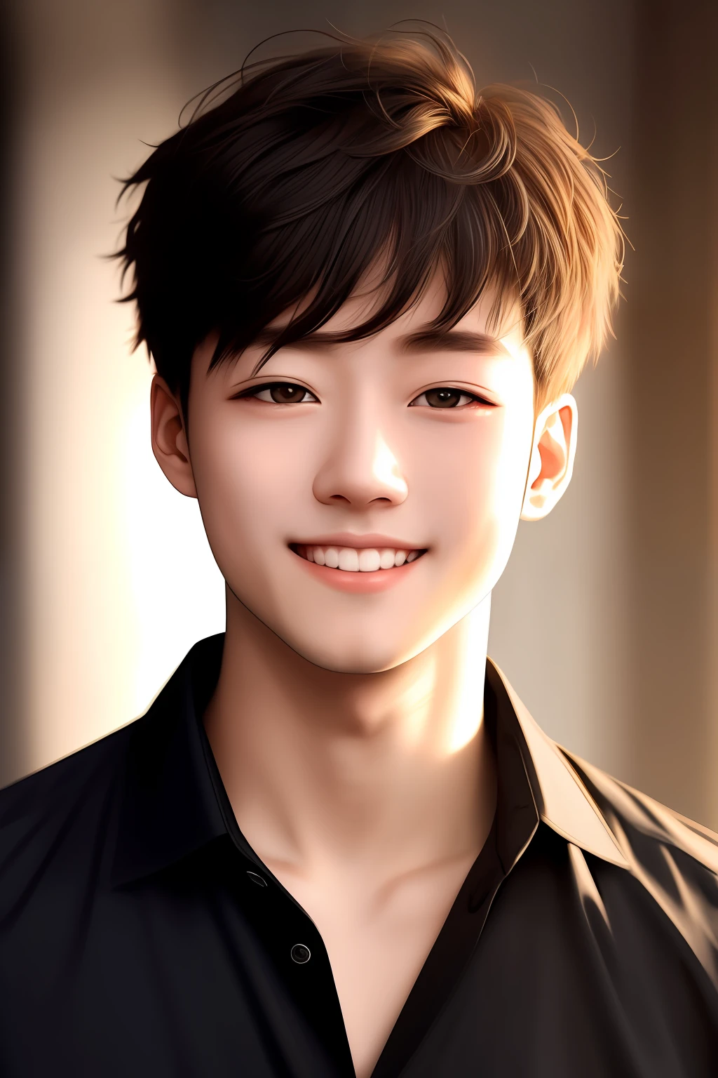 1boy, male focus, Black shirt、hair messy, Look at viewers, beautiful lighting, deep-shadows, top-quality, masterpiece, 超A high resolution, Photorealsitic, Beardless、A slight smil