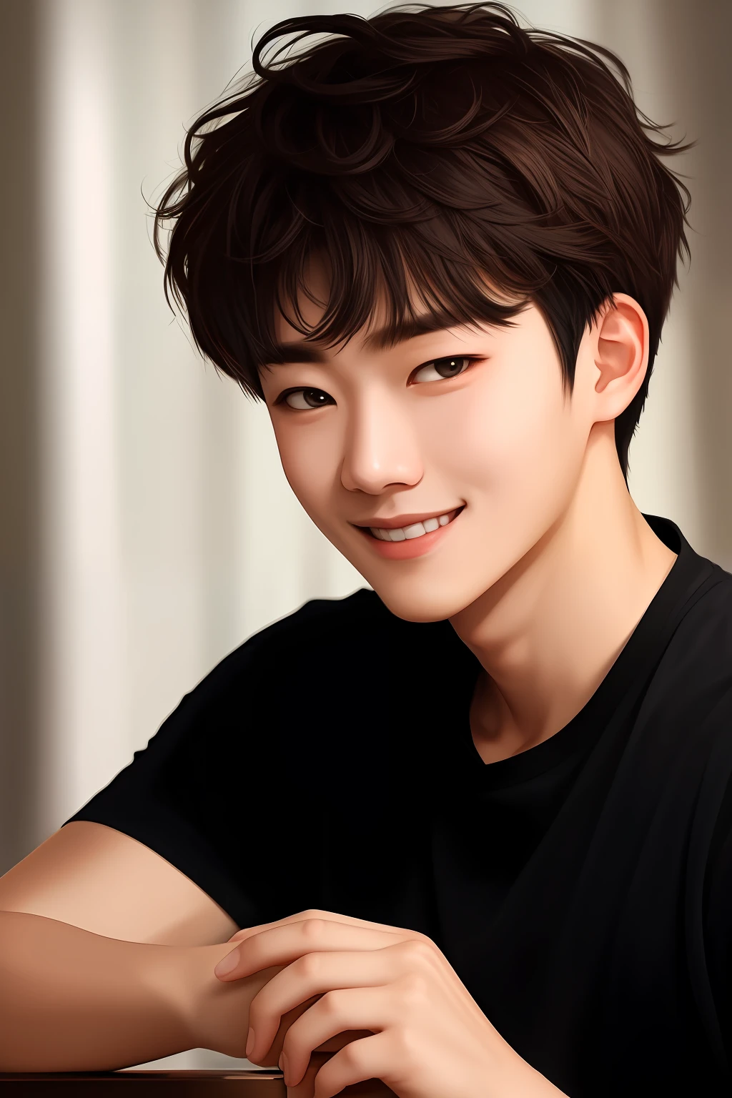 1boy, male focus, Black shirt、hair messy, Look at viewers, beautiful lighting, deep-shadows, top-quality, masterpiece, 超A high resolution, Photorealsitic, Beardless、A slight smil