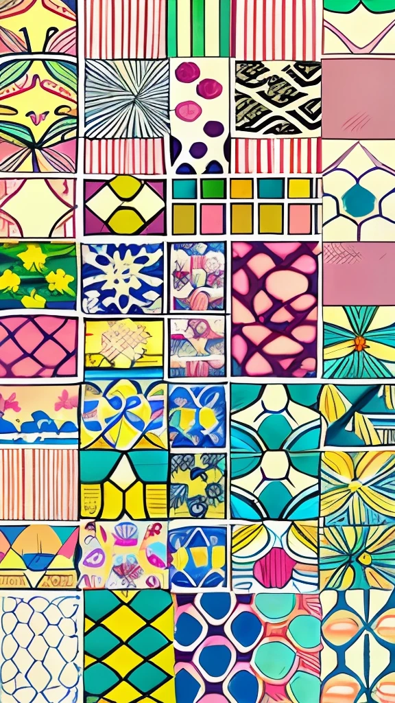 Drawing 12 Japanese fabric patterns, each with a different fabric pattern, each with a different color, hand-drawn pastel art.