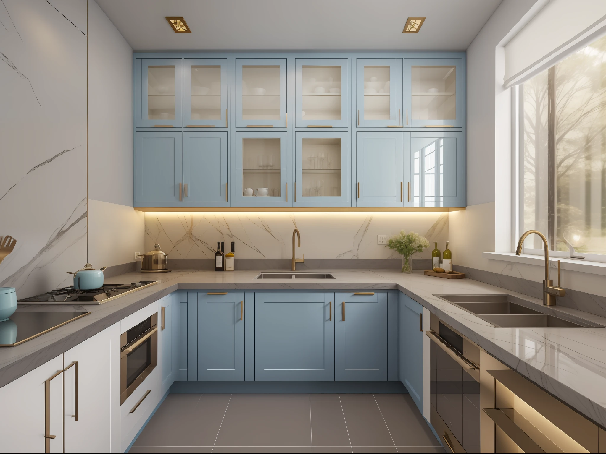 ultra realista, obra-prima, melhor qualidade, super detalhado, ultra alta res, foto bruta, 8k, a modern kitchen with pastel oil blue, marrom e branco, in the style of enchanting lighting, ouro claro e preto claro, li shuxing, traditional-modern fusion, soft atmospheric light, linhas duras, painel de resina opaca de pedra, piso de cimento queimado, cortina, obra-prima, ultra realista, 32k, extremamente detalhado CG unidade 8k papel de parede, melhor qualidade
