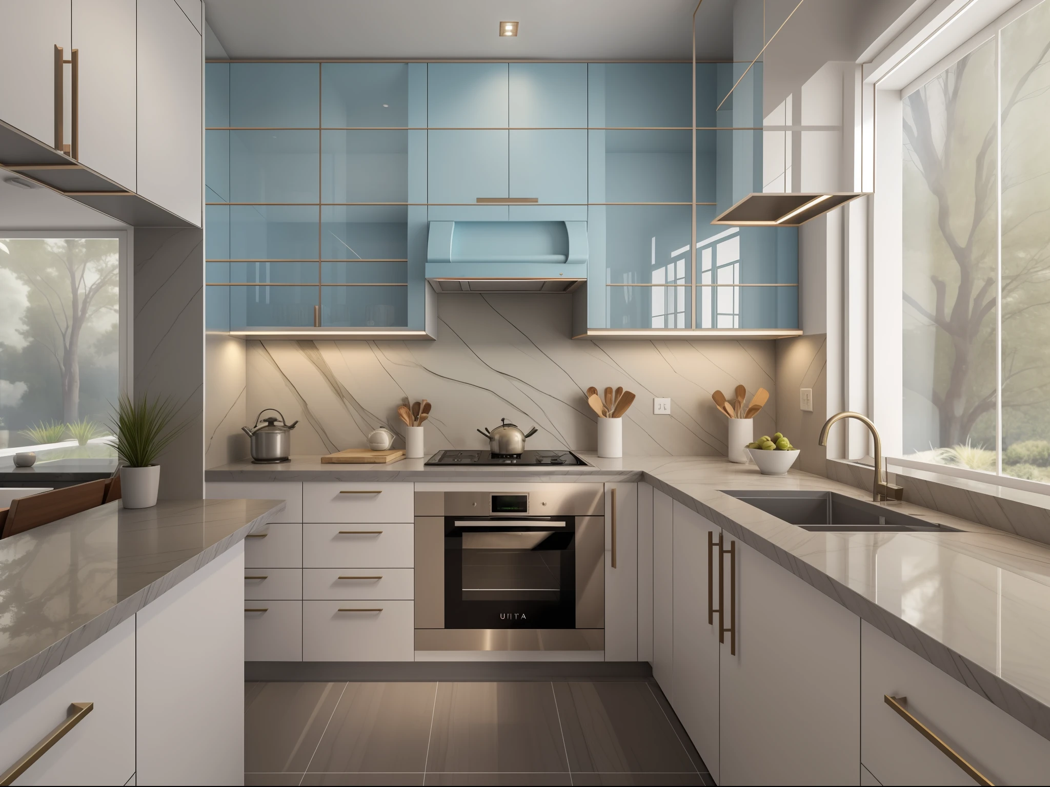 ultra realista, obra-prima, melhor qualidade, super detalhado, ultra alta res, foto bruta, 8k, a modern kitchen with pastel oil blue, marrom e branco, in the style of enchanting lighting, ouro claro e preto claro, li shuxing, traditional-modern fusion, soft atmospheric light, linhas duras, painel de resina opaca de pedra, piso de cimento queimado, cortina, obra-prima, ultra realista, 32k, extremamente detalhado CG unidade 8k papel de parede, melhor qualidade