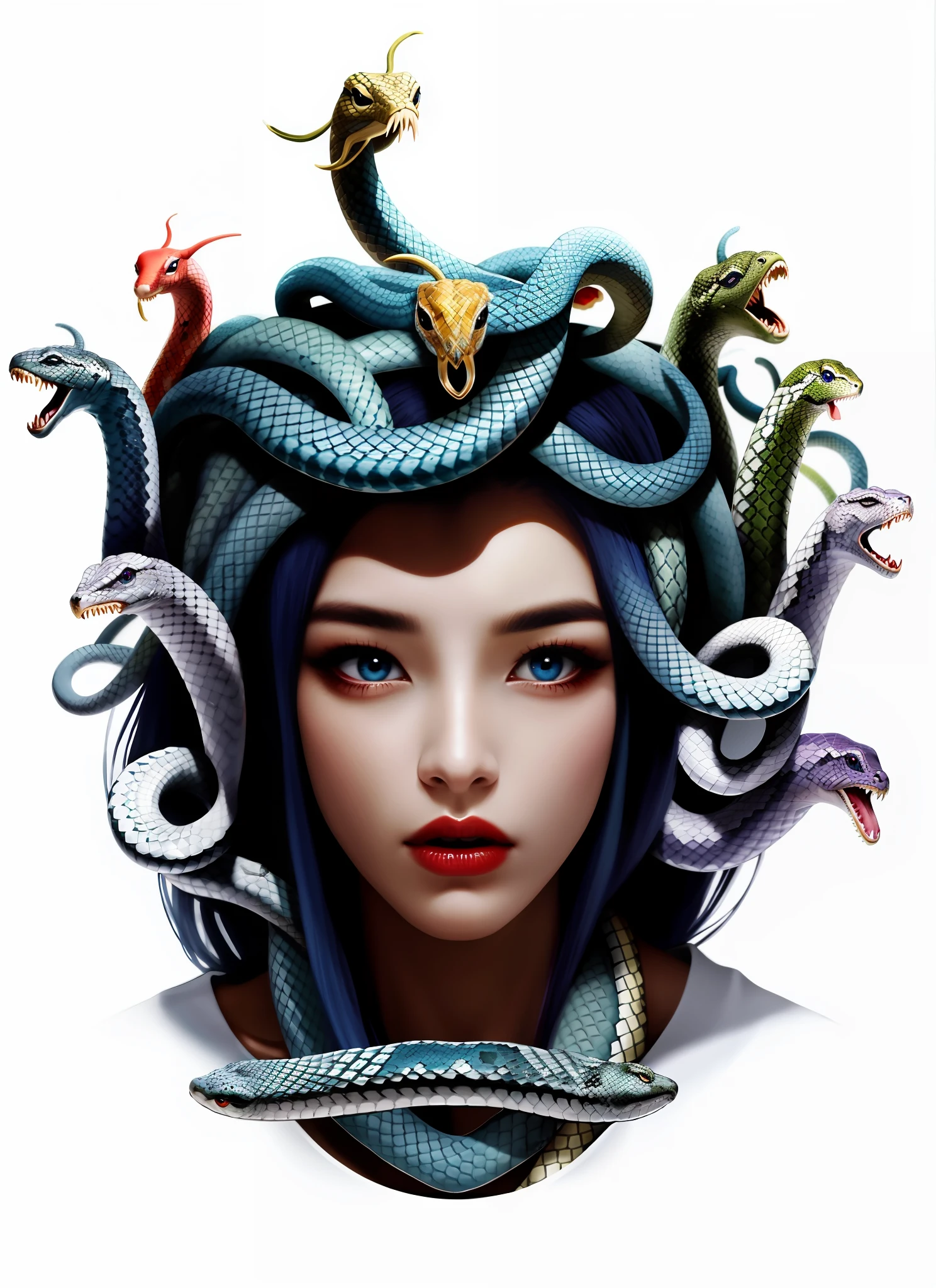 Medusa、Snakes with a lot of hair、beautiful countenance、Beautiful Italian woman at 25 years old、big eye、Double eyelids、blue eyess