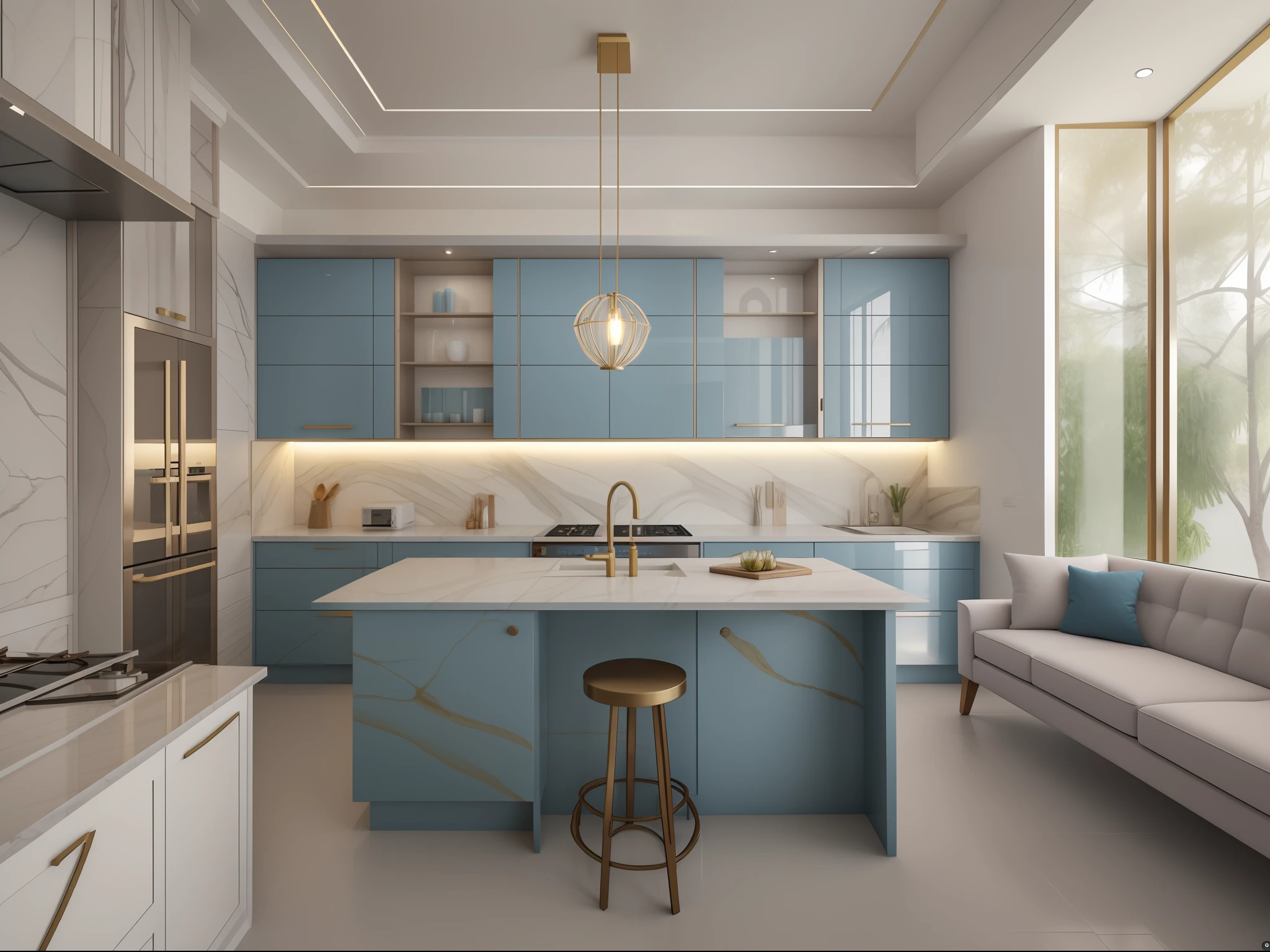 ultra realista, obra-prima, melhor qualidade, super detalhado, ultra alta res, foto bruta, 8k, a modern kitchen with pastel oil blue, marrom e branco, in the style of enchanting lighting, ouro claro e preto claro, li shuxing, traditional-modern fusion, soft atmospheric light, linhas duras, painel de resina opaca de pedra, piso de cimento queimado, cortina, obra-prima, ultra realista, 32k, extremamente detalhado CG unidade 8k papel de parede, melhor qualidade