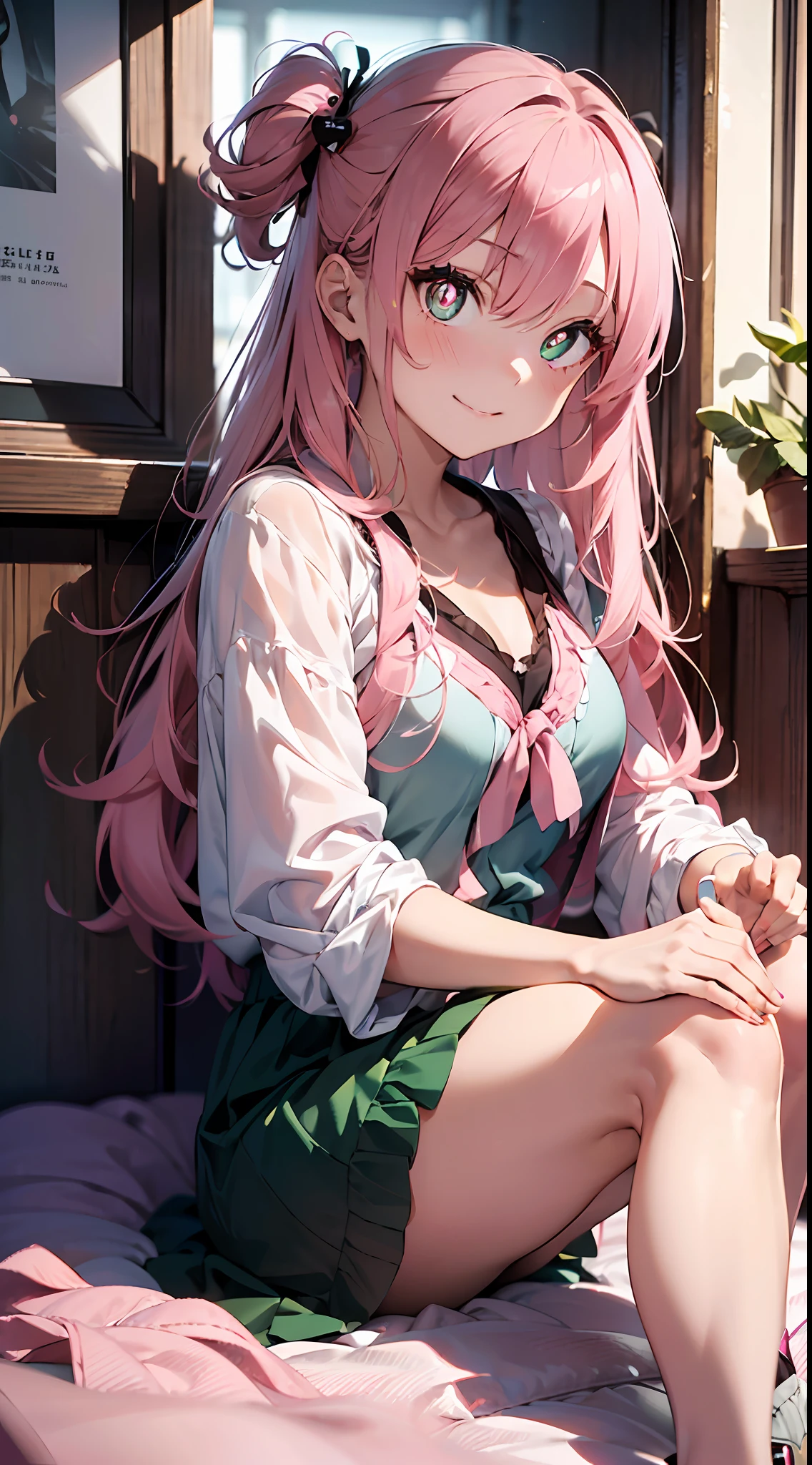 a smile(((masutepiece))),((ultra-detailliert,Best Quality)),fullllbody,Fulll body Shot.((Pink hair, Long hair,Straight hair,two side up)) (Green eyes),eyeshadows, eye line,gloweyes, ultradetailed eyes, intricate eyes, Beautiful eyes, ((Glowing pink pupils))18-year-old girl.CHANEL:Wearing 2。
