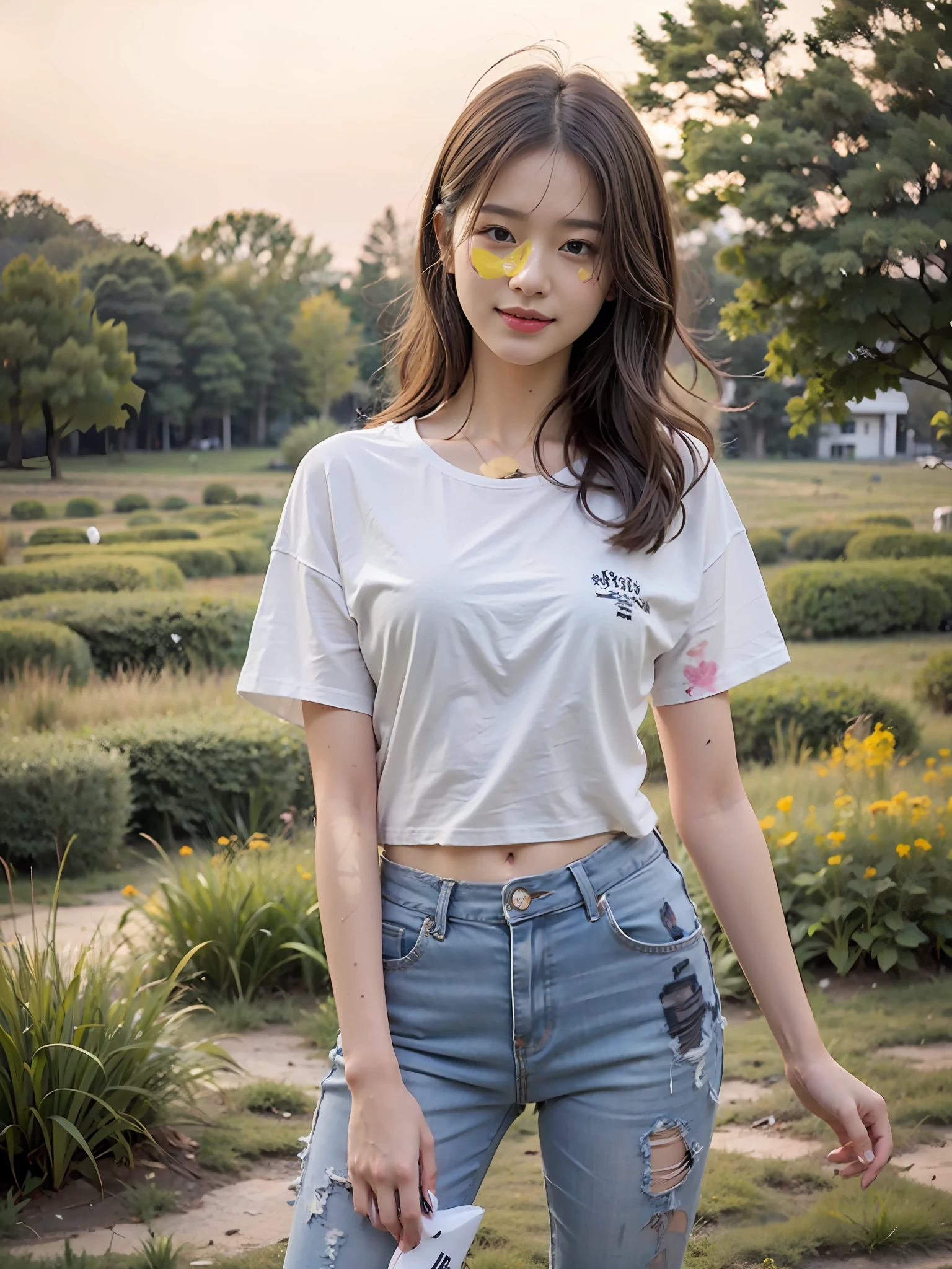 (best qualtiy:1.4),Complicated details,20 years old Korean girl,Wear a loose black T-shirt and skinny jeans,Stand on the grass and take pictures,Detailed meadow,A sweet smile on a small face,Ultra-realistic facial details,Playful and coquettish pose,The calves are straight and slender:1.2,Wear high-end branded colored canvas shoes:1.0,eventide:0.3,Broad lighting,naturalshadow:1.0,fully body photo:1.8