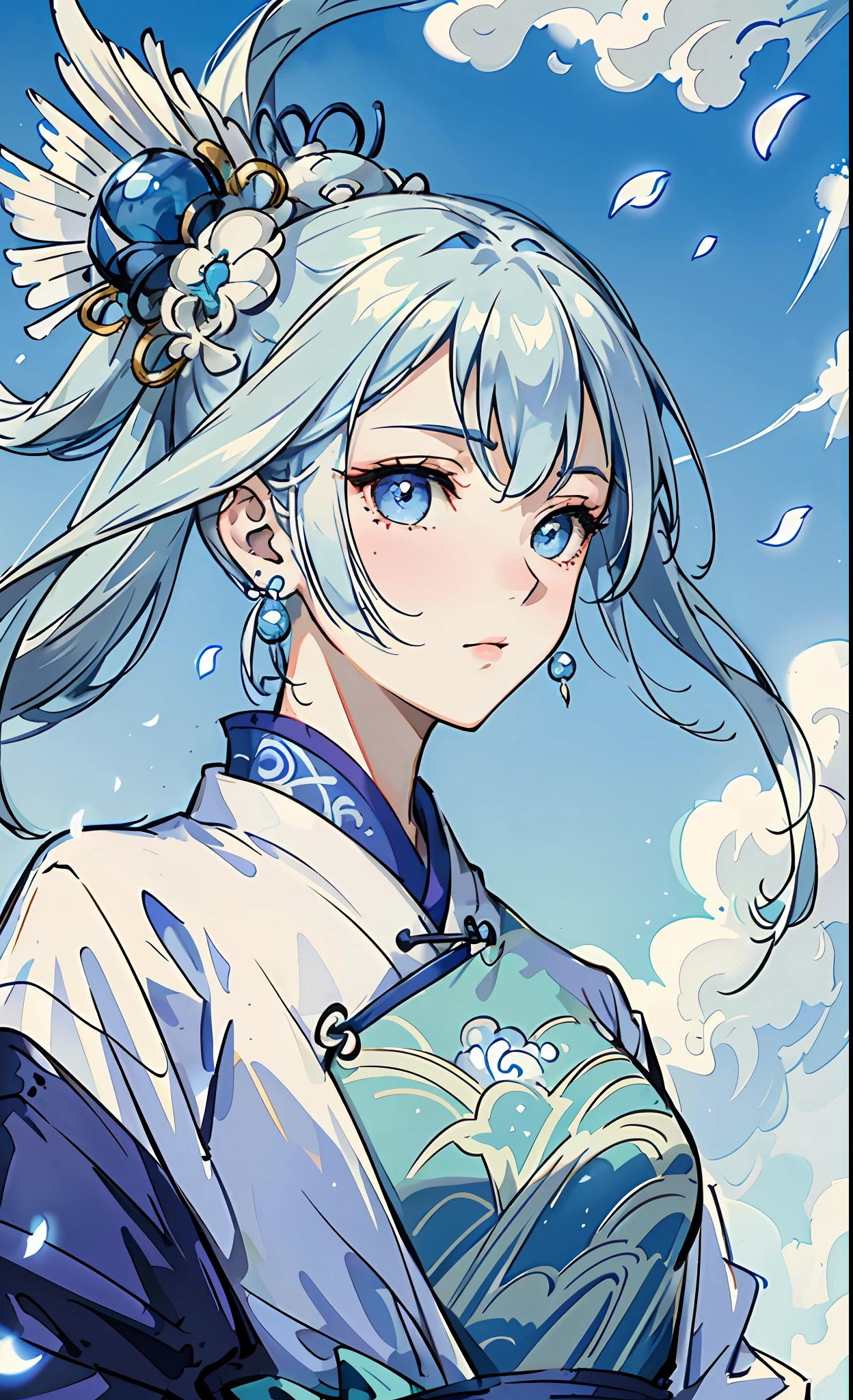 Mature girl, blue and white hair color, floating hair, delicate and flexible eyes, intricate brocade hanfu, gorgeous accessories, wearing pearl earrings, FOV, f/1.8, masterpiece, ancient Chinese style architecture, blue sky, flower petals flying, front portrait shot, Chang'e, side lighting, sunlight shining on people