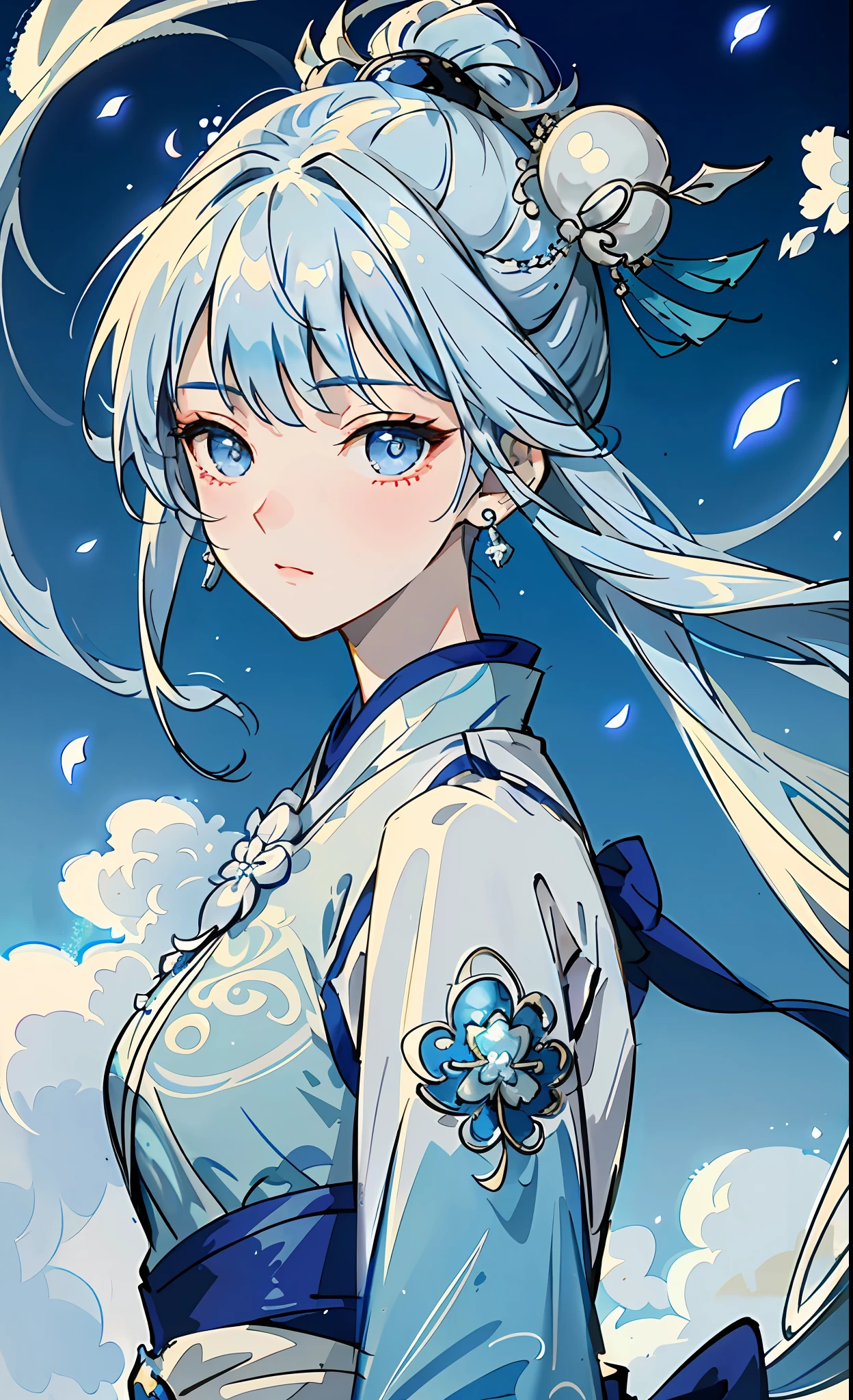 Mature girl, blue and white hair color, floating hair, delicate and flexible eyes, intricate brocade hanfu, gorgeous accessories, wearing pearl earrings, FOV, f/1.8, masterpiece, ancient Chinese style architecture, blue sky, flower petals flying, front portrait shot, Chang'e, side lighting, sunlight shining on people