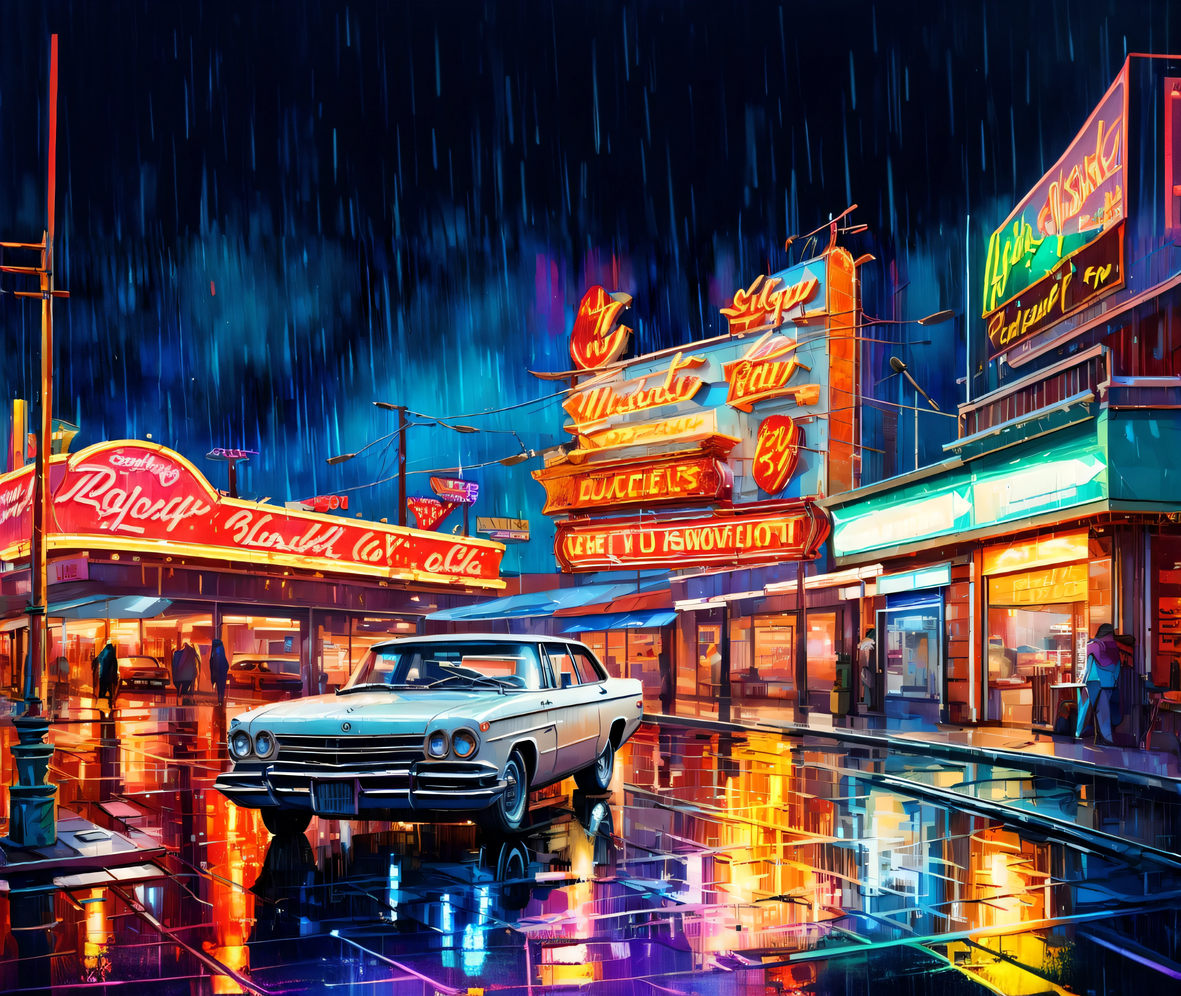 Painting of a car parked in the rain in front of a diner, Neon-Reflexionen, James Gurney Malstil, Filmisches Neon-Matte-Painting, Neon-Version des Stils Jim Burns, Hintergrundgrafik, Im Stil von Dan Mumford Artwork, Jen Bartel, Leuchten von Neonlichtern, inspiriert von F Scott Hess, Neon-Stadt, Painting by Dan Mumford, Neon-Regen, neblige Neonlichter