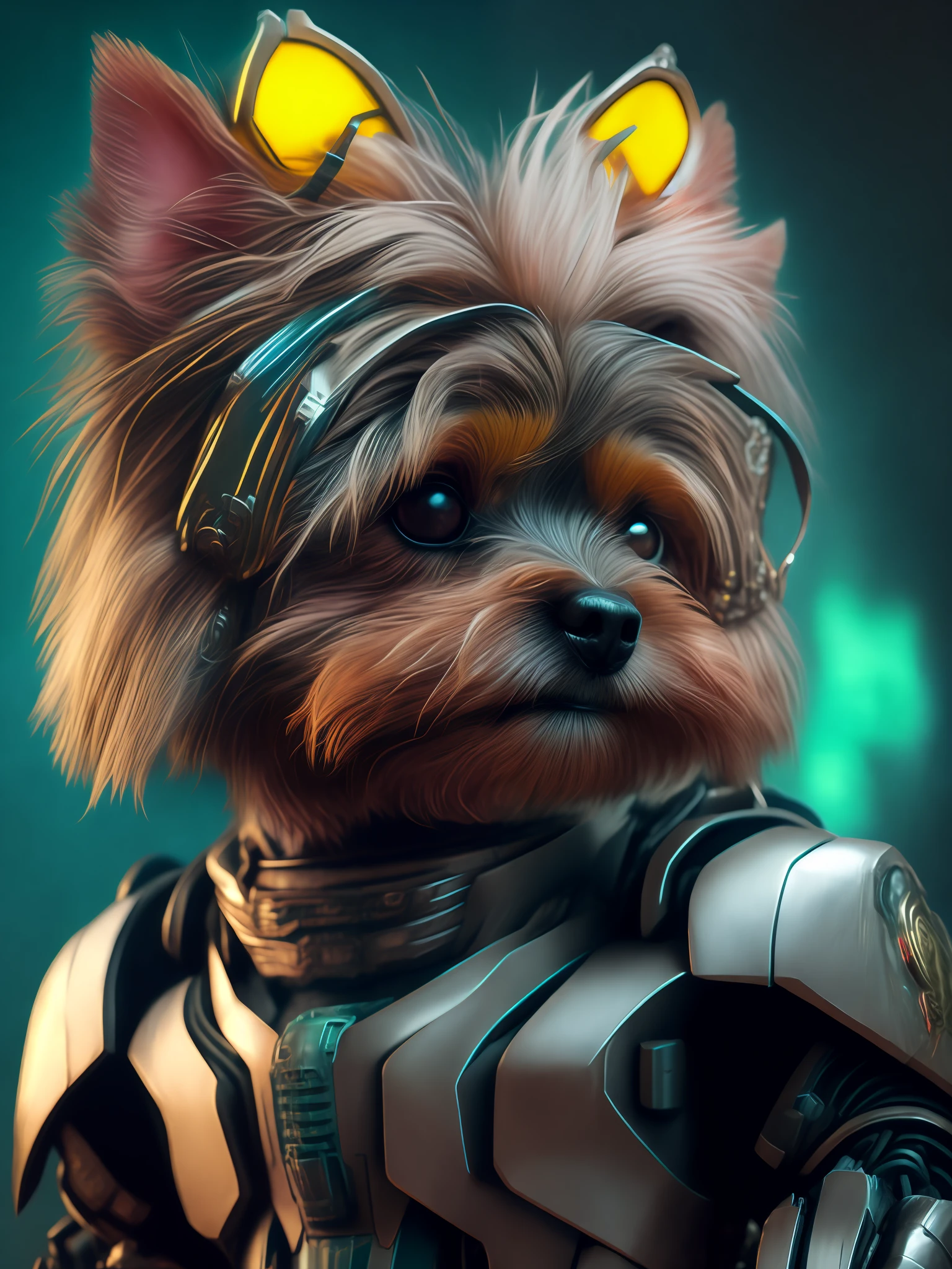 A Yorkshire Terrier (robot) dog as the doomslayer, realistic scifi cyberpunk power armor robot, closeup portrait