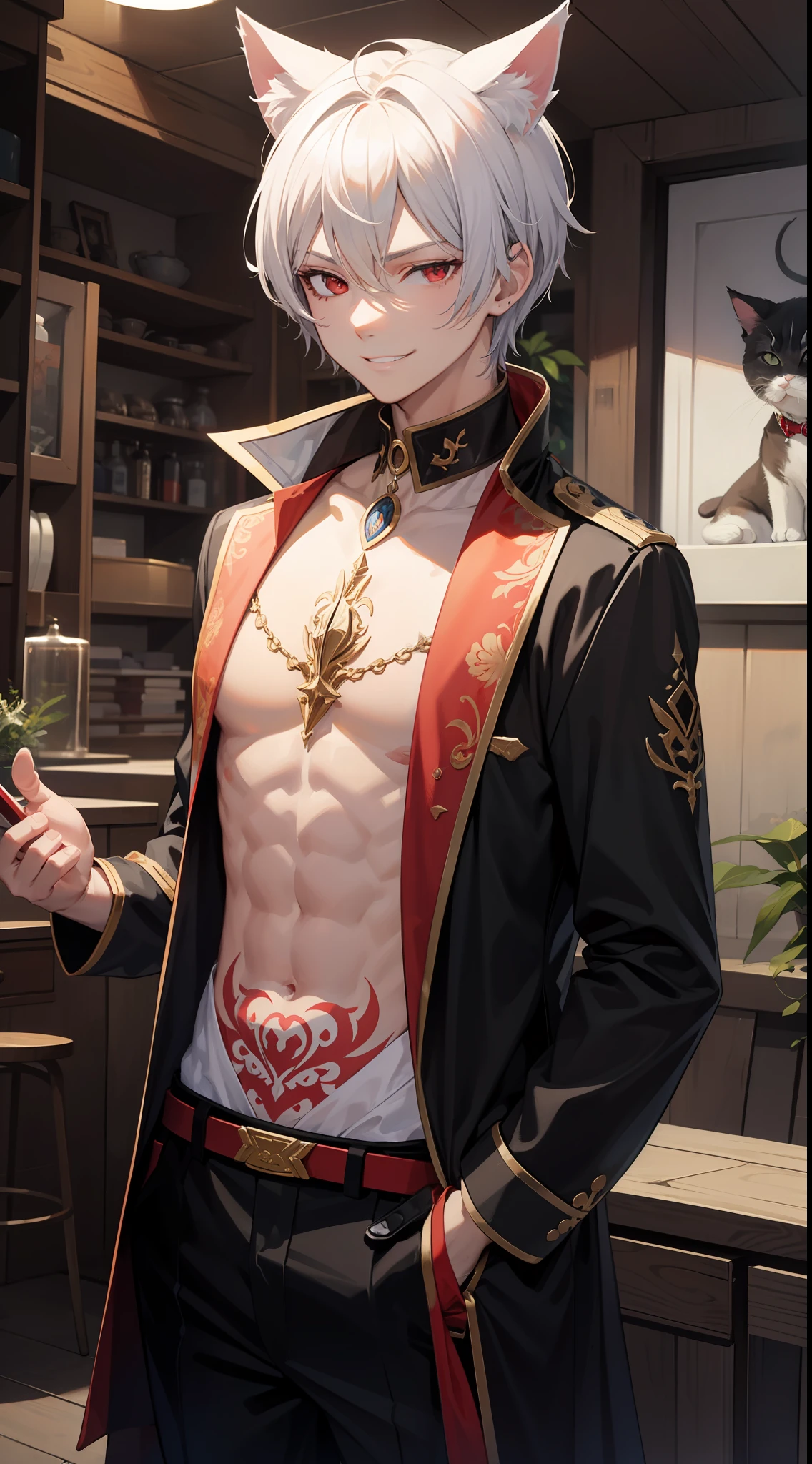 Young guy, short white hair, Cat's ears, red-eyes, The Clothes of the Idol, open torso, Tatoo, smirk, Masterpiece, hiquality