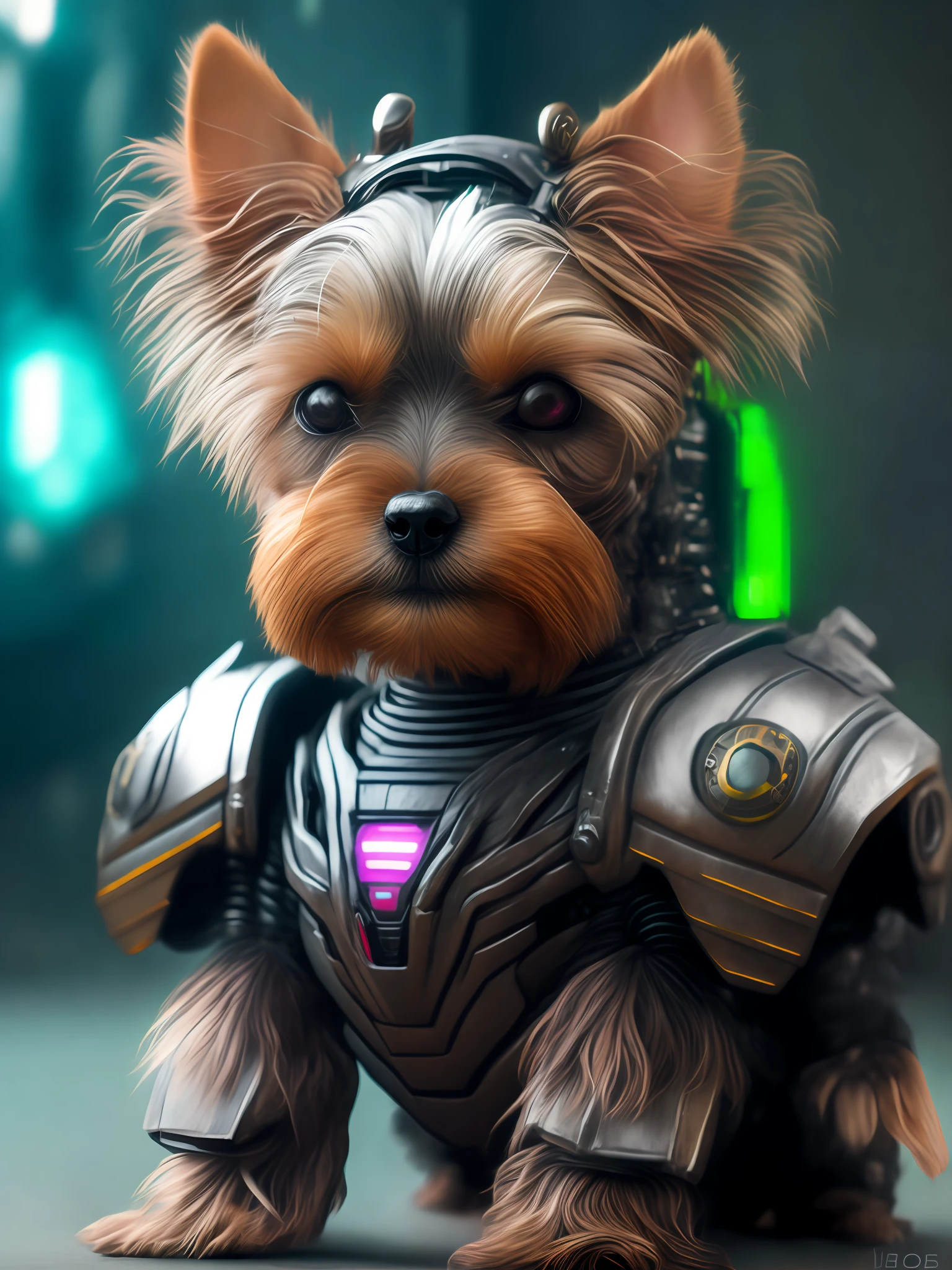 A Yorkshire Terrier (robot) dog as the doomslayer, realistic scifi cyberpunk power armor robot, closeup portrait