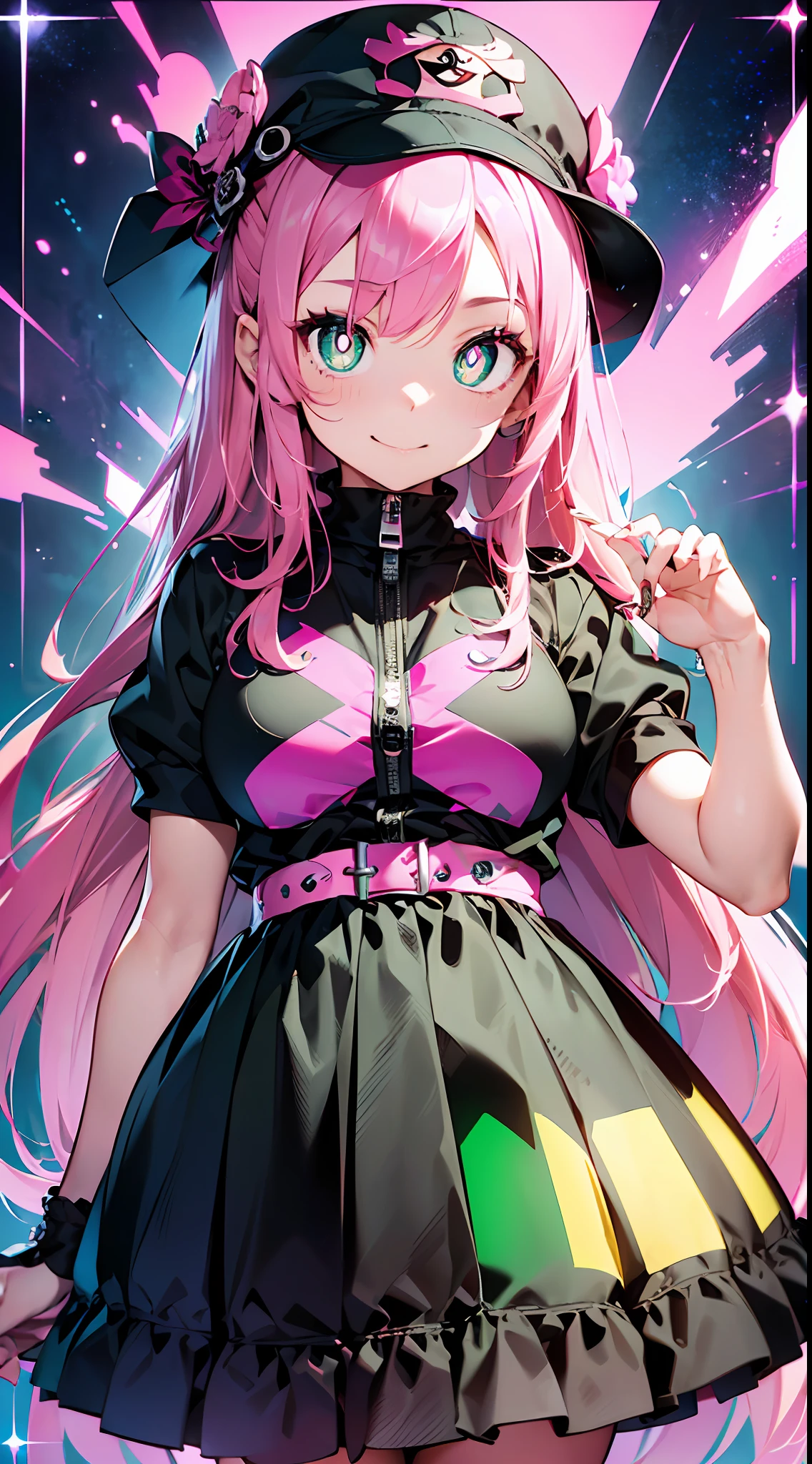 a smile(((masutepiece))),((ultra-detailliert,Best Quality)),fullllbody,Fulll body Shot.((Pink hair, Long hair,Straight hair,two side up)) (Green eyes),eyeshadows, eye line,gloweyes, ultradetailed eyes, intricate eyes, Beautiful eyes, ((Glowing pink pupils))18-year-old girl.Wearing Chanel。