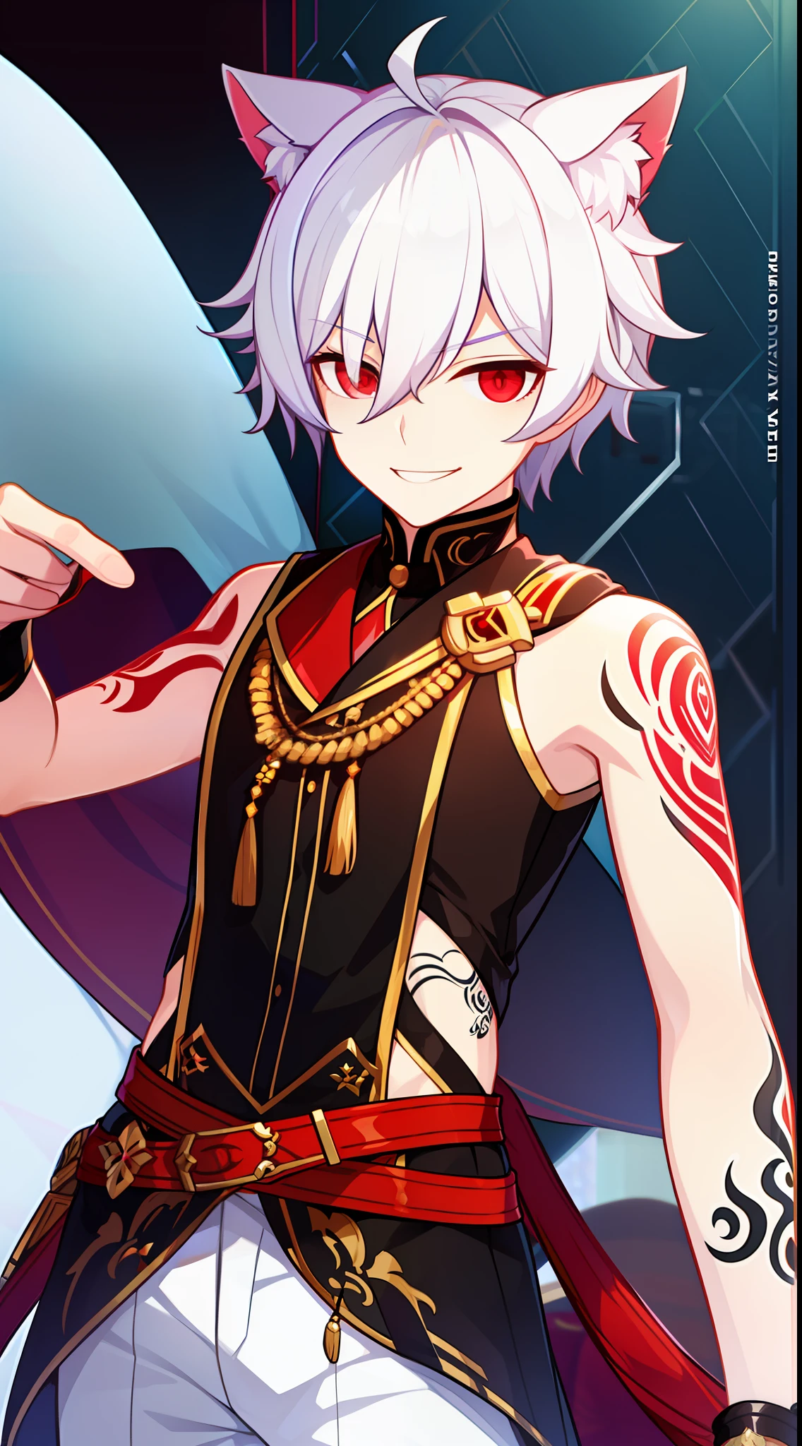 Young guy, short white hair, Cat's ears, red-eyes, The Clothes of the Idol, open torso, Tatoo, smirk, Masterpiece, hiquality