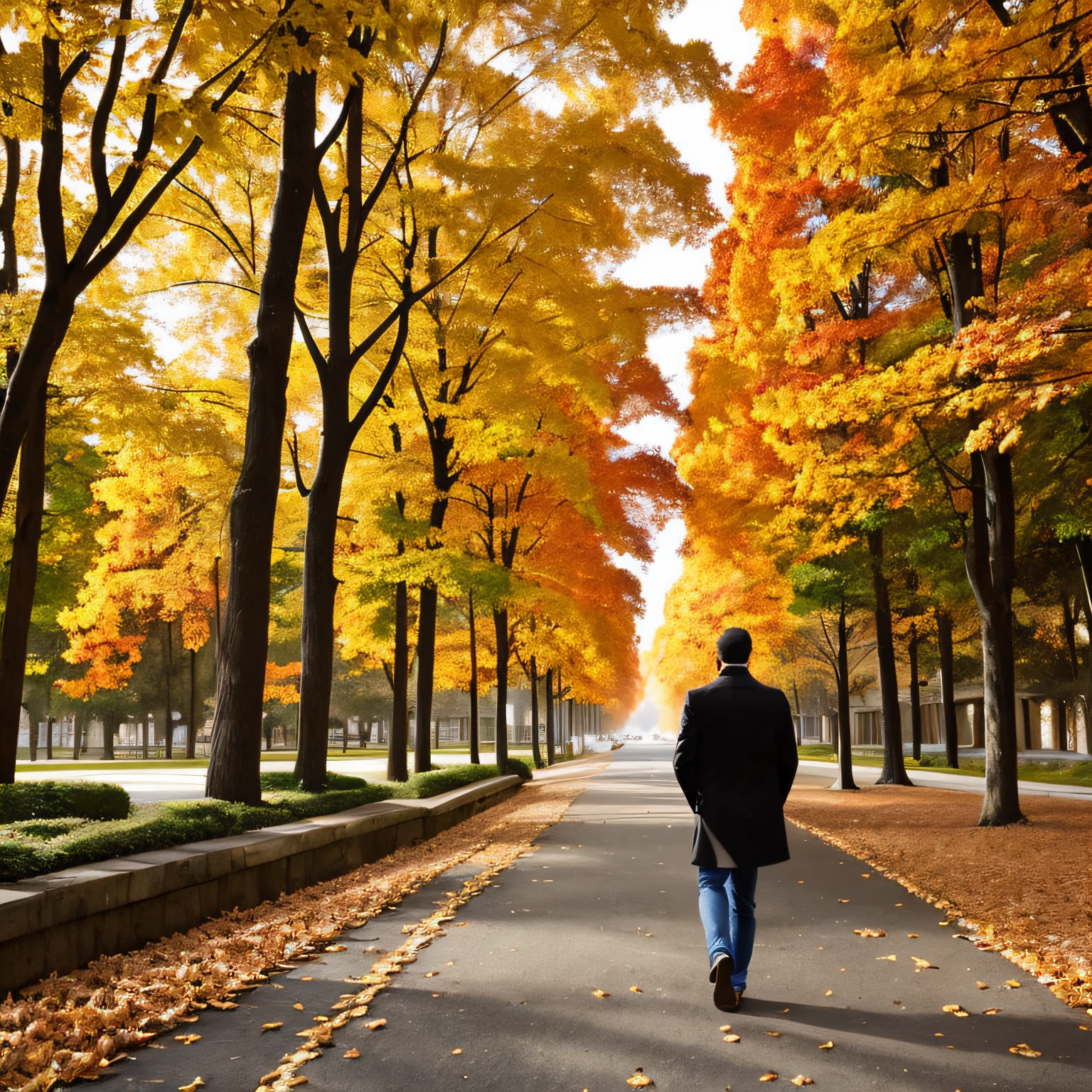 (excellent quality, highly detailed),rcasual,The back of a middle-aged handsome guy,Alone，Immerse yourself in the long streets of fallen leaves，A person's meditation"). --auto
