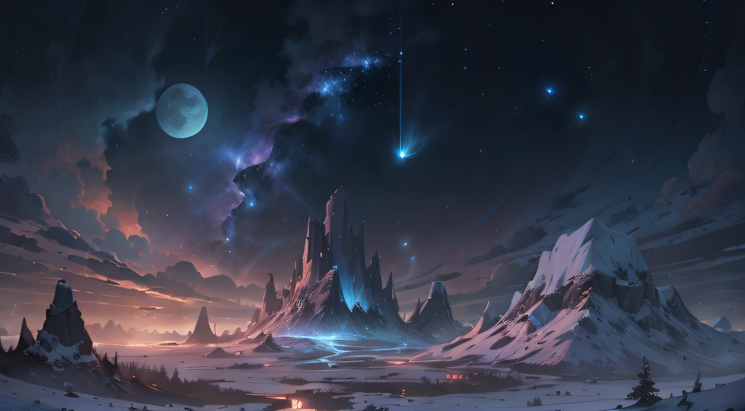 Expansive landscape photography, (See below.), Above is the sky, Below is an open field), (Full Moon: 1.2), (Meteor: 0.9), (Nebula: 1.3), distant mountain, BREAK tree making art, (Warm light source: 1.2), (Firefly: 1.2), lights, Very purple and orange, complicated detail, volume lighting, BREAK realism (Masterpiece: 1.2), (best quality), Ultra-detailed, RAWExtremely detailed, Colorful details,  (Rainbow colors: 1.2), (bright lighting, atmospheric lighting), Dreamlike, Magical, 4k