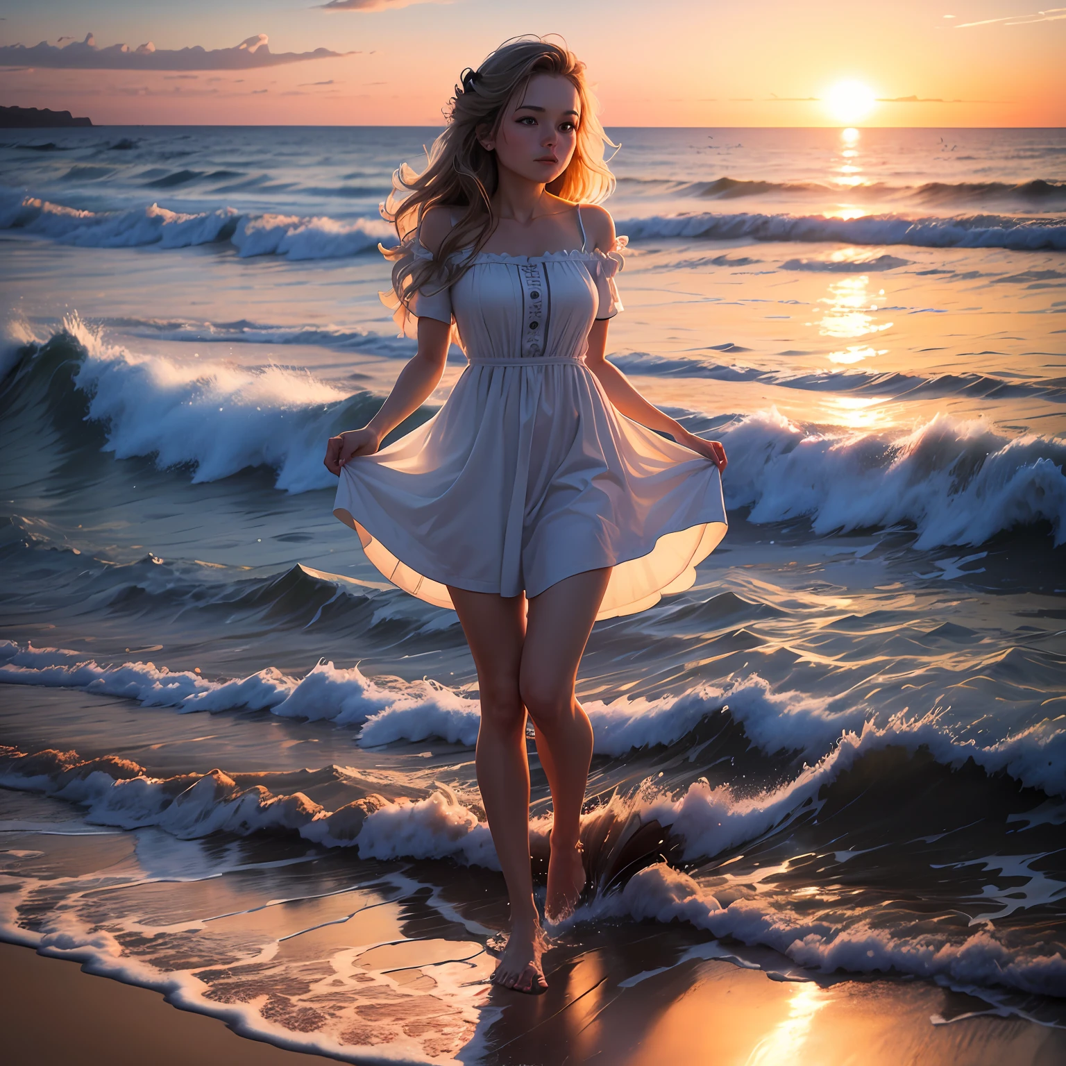 Maiden trampling waves on the seashore with a sunset --auto