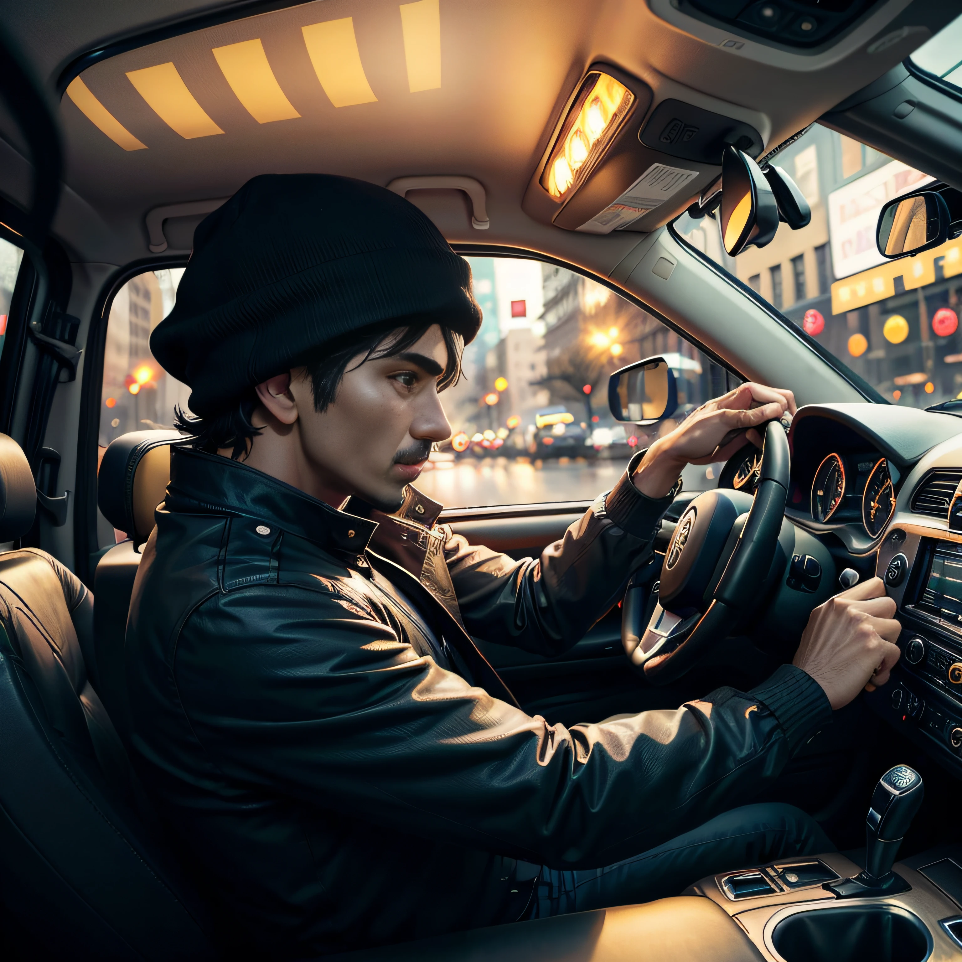 Male taxi driver driving a downtown black taxi in the middle of the night