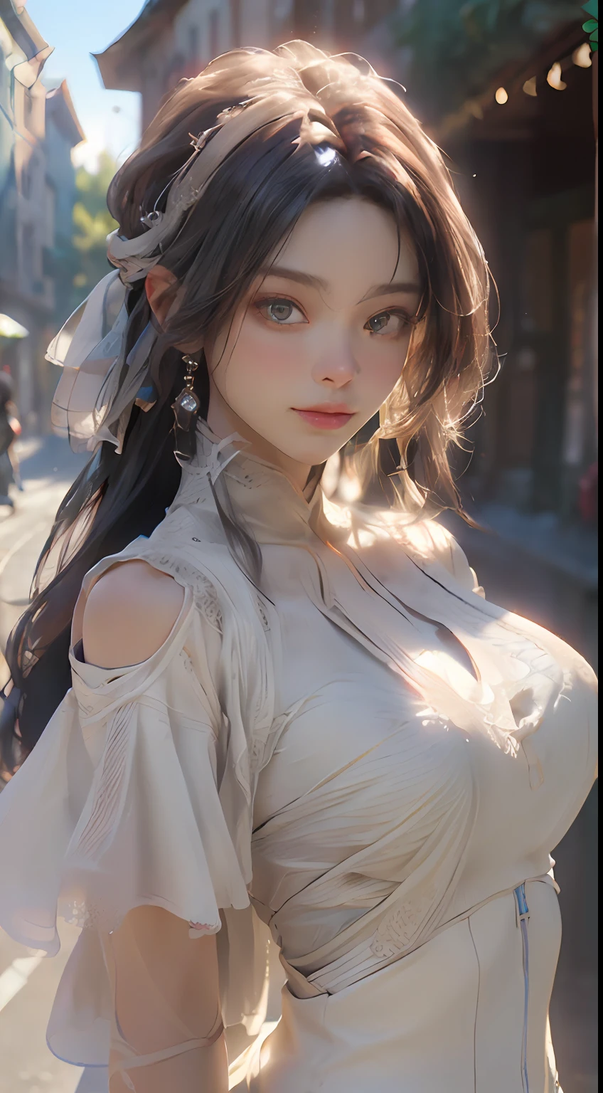 ((Best Quality)), ((Masterpiece), (Detail: 1.4), 3D, Photo of a Beautiful Woman on an Ancient Street in the background, HDR (High Dynamic Range), Ray Tracing, NVIDIA RTX, Super-Resolution, Unreal 5, Subsurface Scattering, PBR Textures, Post Processing, Anisotropic Filtering, Depth of Field, Maximum Sharpness and Sharpness, Multi-layer Textures, Albedo and Highlight Maps, Surface Shading, Accurate simulation of light-material interactions, perfect proportions, Octane Render, two-color light, large aperture, low ISO, white balance, rule of thirds, 8K RAW,