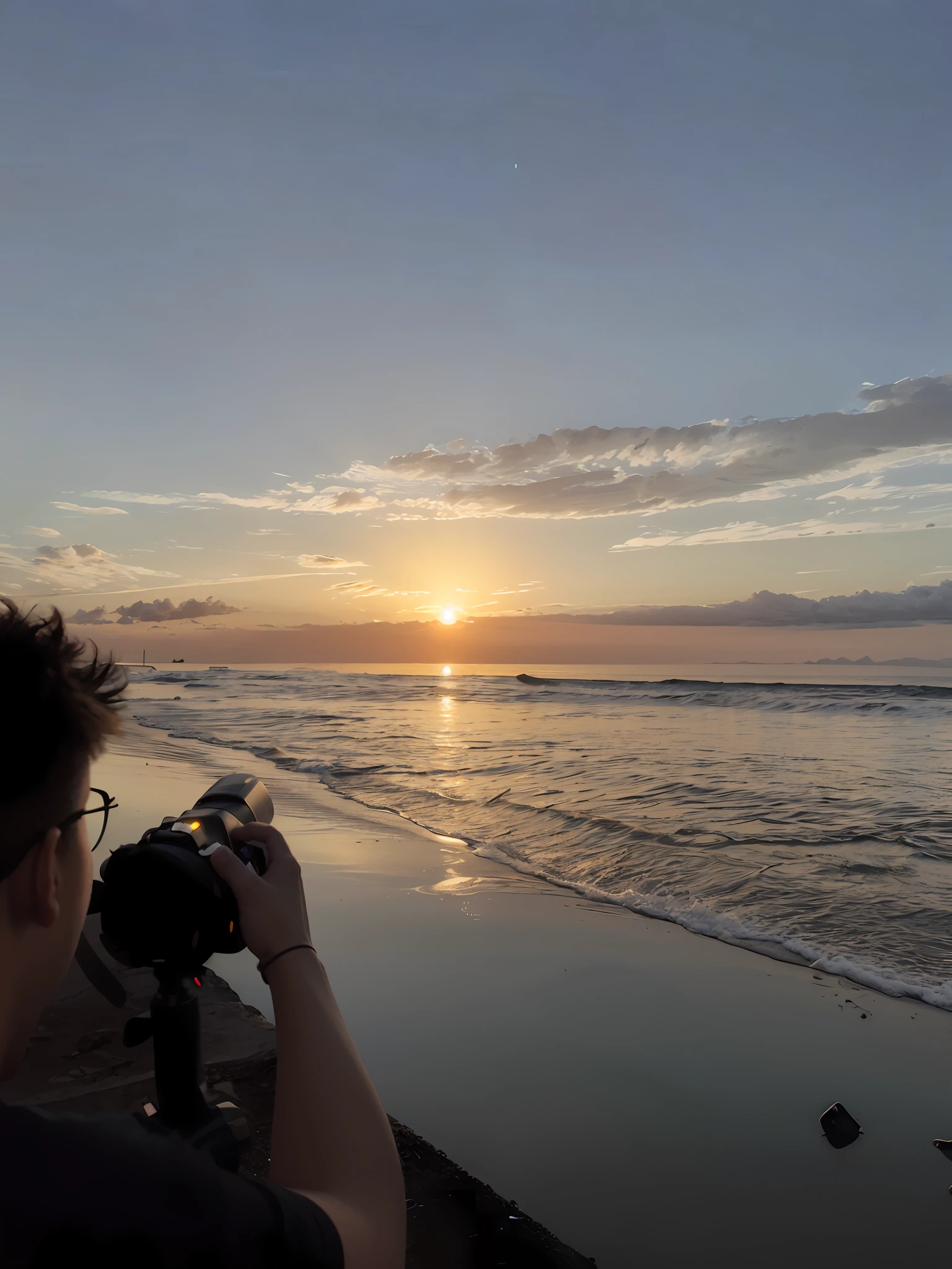 Arafed man takes a photo of the sunset over the ocean, late sunset, Sunset photo, late sunset, With sunset, during sunrise, with a sunset, watching the sunset, during dawn, photo taken with canon 5d, prime time, shot with canon eoa 6 d mark ii, sunset photo at golden hour, phot