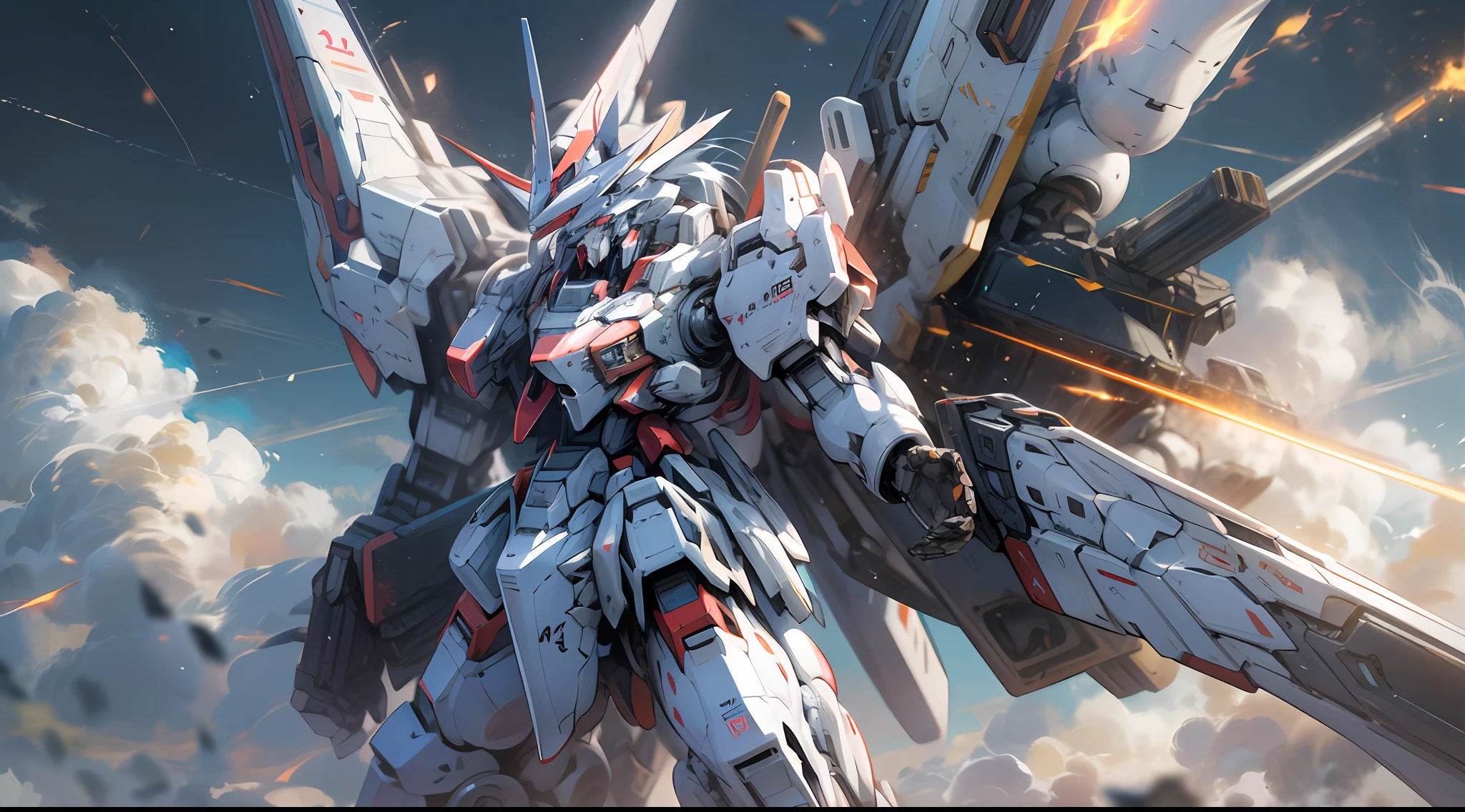Surrealism, Ray Tracing, Photorealistic, UHD, High Detail, 32k, Best Quality, Textured Skin, Gundam Mecha, Flight, Funnel, Mecha Ship, Masterpiece, Best Quality, Mecha, Unmanned, (Full Body), (Black Mecha: 1.8), (Axisymmetric: 1.4), (HDR), (Movie Light: 1.1), White Eyes, Cool, Science Fiction, Fire, Universe, oversized shield, mecha man overlooking the background of the earth, with laser cannon beams, wars, conflicts, weapons in hand (has a huge weapon: 1.5),