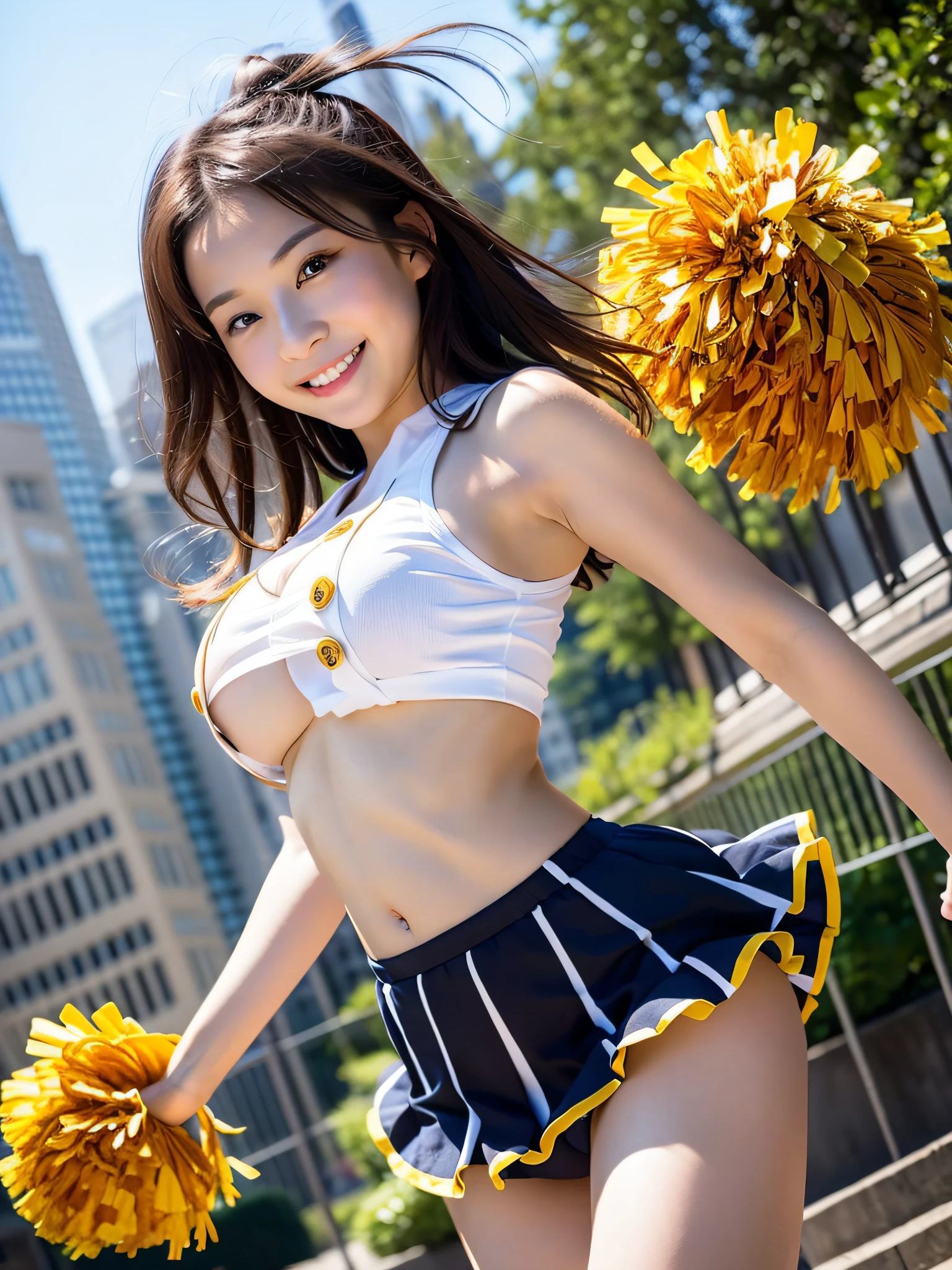 (8k、RAW Photos、top-quality、masterpiece:1.2)、(realisitic、Photorealsitic:1.37)、1人、japanes、20yr old、femele、during daytime、a park、natural soft light、photon maping、Radio City、Dark brown hair、((Angle from below))、(full bodyesbian)、详细的脸、Detailed lips、detailedeyes、More skin、二重まぶた、(huge-breasted:1.5)、(Cheergirl Uniforms)、(a miniskirt)、Not wearing a bra、((Not wearing panties))、perfectbody、shinny skin、Lively poses like cheerleading、Jumping、cowboy shot、a smile、Make eye contact with the camera