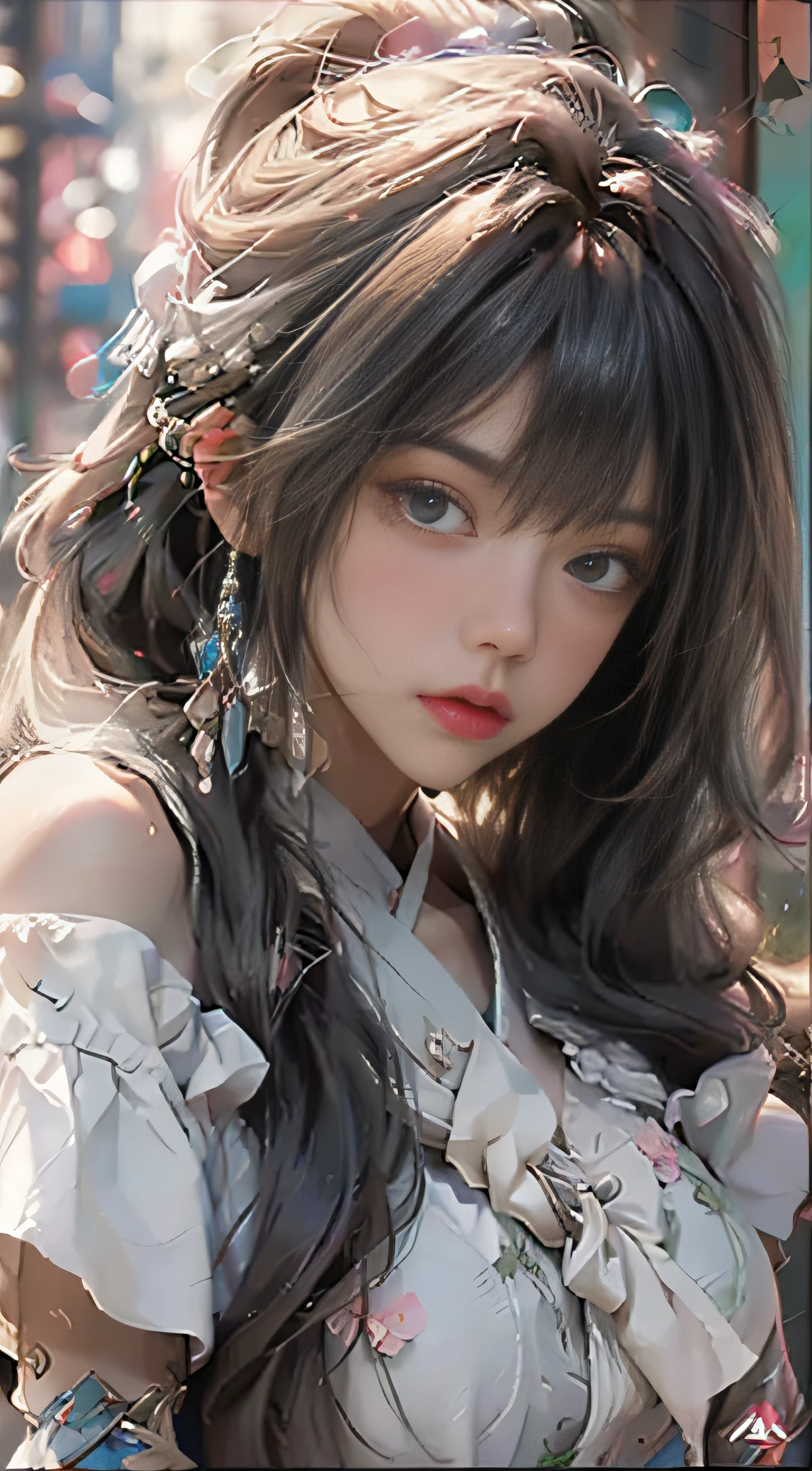 ((best qualtiy)), ((tmasterpiece)), (detail:1.4), 3D, Beautiful cyberpunk female images,hdr(HighDynamicRange),Ray traching,NVIDIA RTX,Hyper-Resolution,illusory 5,Sub-surface scattering,PBR textures,post-proces,Anisotropic filtration,depth of fields,maximum definition and sharpness,Many-Layer Textures,Albedo e mapas Speculares,Surface coloring,Mitsu-Accurate simulation of material interactions,perfectly proportioned,rendering by octane,Two-colored light,largeaperture,Low ISO,White balance,Rule three points、8K raw data、beautiful bright pupils,Off-the-shoulder clothing,Fine pupils,Delicate face and eyes,long eyelasher,Blushlush,Delicate and fluffy hair,Pink lips,Pure,cute big breasts,Sweet girl,Artistic sense,Casual wear,Advancedsense,Butterflies,Cherry blossom petal,Beautiful hair accessories