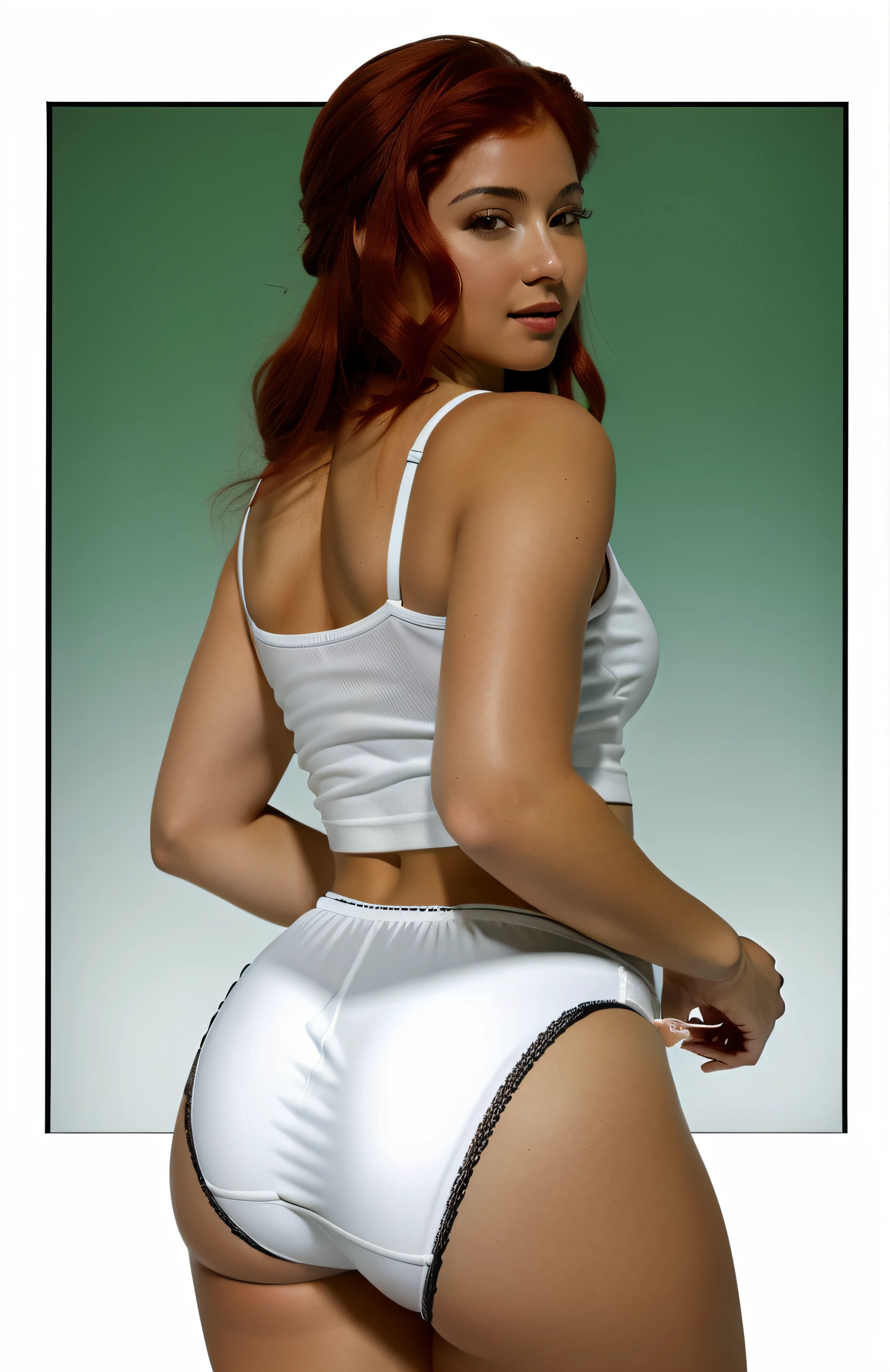 ((masterpiece, best quality)), Curvy Red-haired Latina in white cotton fullback panties, white tank-top, butt shot, shapely derriere, photo realistic, intricate details