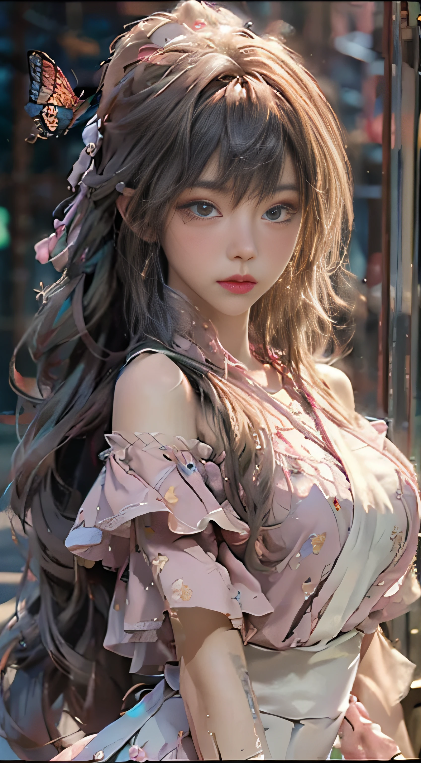((best qualtiy)), ((tmasterpiece)), (detail:1.4), 3D, Beautiful cyberpunk female images,hdr(HighDynamicRange),Ray traching,NVIDIA RTX,Hyper-Resolution,illusory 5,Sub-surface scattering,PBR textures,post-proces,Anisotropic filtration,depth of fields,maximum definition and sharpness,Many-Layer Textures,Albedo e mapas Speculares,Surface coloring,Mitsu-Accurate simulation of material interactions,perfectly proportioned,rendering by octane,Two-colored light,largeaperture,Low ISO,White balance,Rule three points、8K raw data、beautiful bright pupils,Off-the-shoulder clothing,Fine pupils,Delicate face and eyes,long eyelasher,Blushlush,Delicate and fluffy hair,Pink lips,Pure,cute big breasts,Sweet girl,Artistic sense,Casual wear,Advancedsense,Butterflies,Cherry blossom petal,Beautiful hair accessories