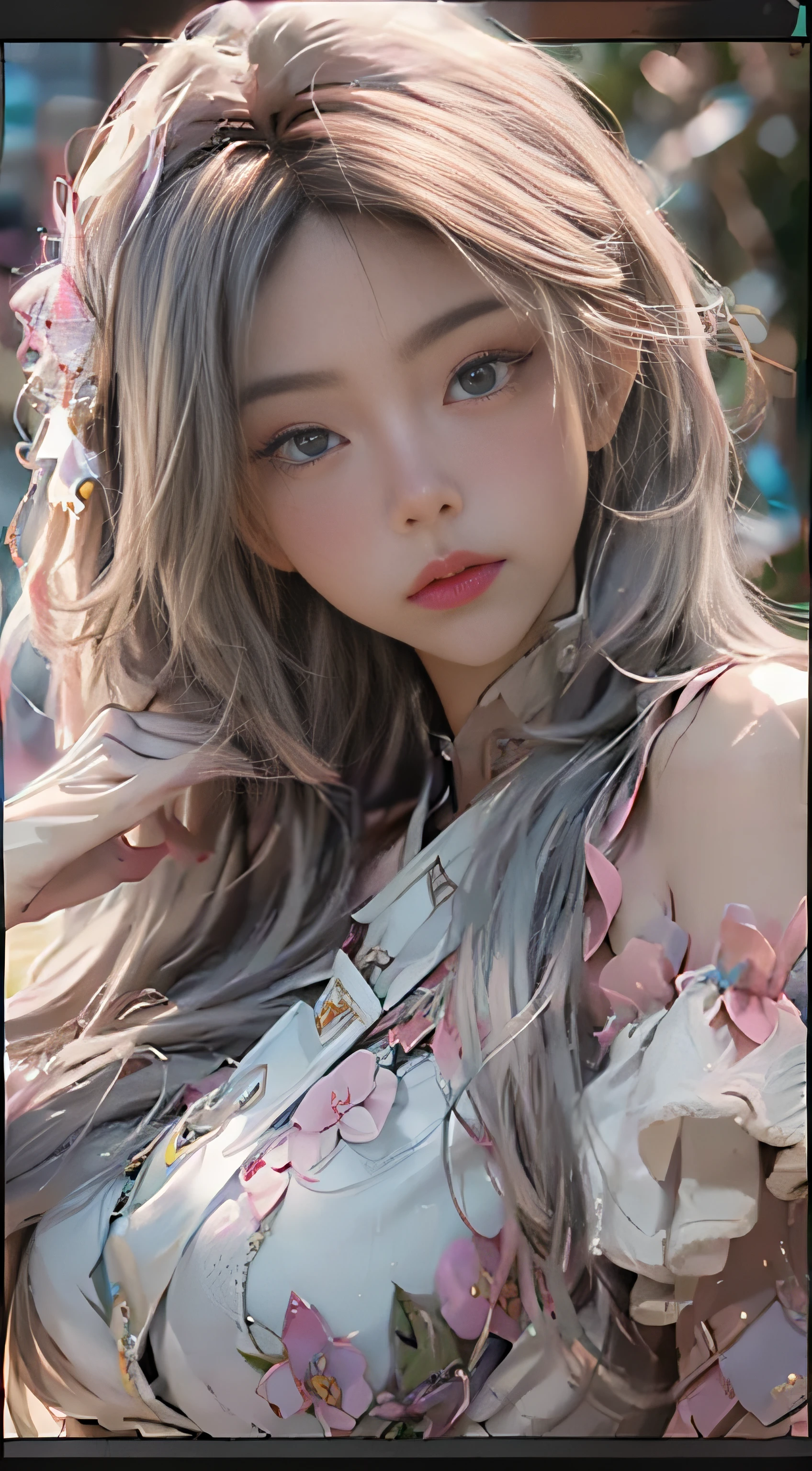 ((best qualtiy)), ((tmasterpiece)), (detail:1.4), 3D, Beautiful cyberpunk female images,hdr(HighDynamicRange),Ray traching,NVIDIA RTX,Hyper-Resolution,illusory 5,Sub-surface scattering,PBR textures,post-proces,Anisotropic filtration,depth of fields,maximum definition and sharpness,Many-Layer Textures,Albedo e mapas Speculares,Surface coloring,Mitsu-Accurate simulation of material interactions,perfectly proportioned,rendering by octane,Two-colored light,largeaperture,Low ISO,White balance,Rule three points、8K raw data、beautiful bright pupils,Off-the-shoulder clothing,Fine pupils,Delicate face and eyes,long eyelasher,Blushlush,Delicate and fluffy hair,Pink lips,Pure,cute big breasts,Sweet girl,Artistic sense,Casual wear,Advancedsense,Butterflies,Cherry blossom petal,Beautiful hair accessories