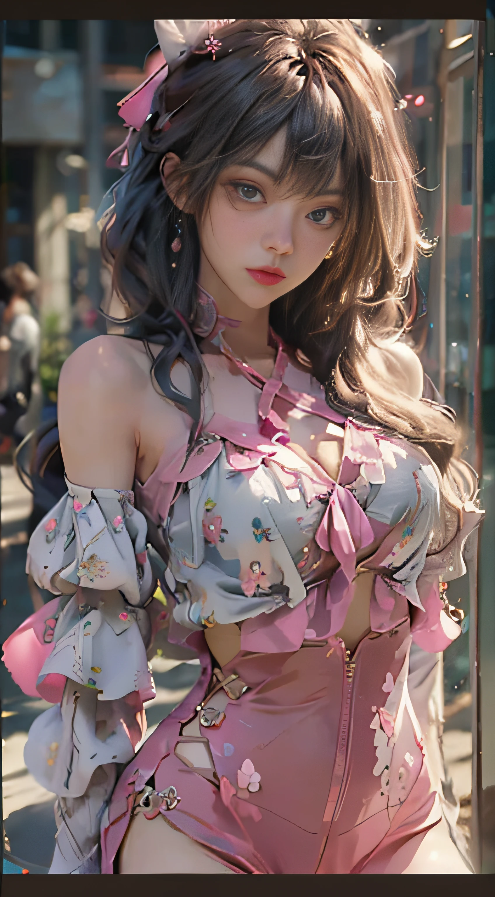 ((best qualtiy)), ((tmasterpiece)), (detail:1.4), 3D, Beautiful cyberpunk female images,hdr(HighDynamicRange),Ray traching,NVIDIA RTX,Hyper-Resolution,illusory 5,Sub-surface scattering,PBR textures,post-proces,Anisotropy Filtering,depth of fields,maximum definition and sharpness,Many-Layer Textures,Albedo e mapas Speculares,Surface coloring,Mitsu-Accurate simulation of material interactions,perfectly proportioned,rendering by octane,Two-colored light,largeaperture,Low ISO,White balance,Rule three points、8K raw data、beautiful bright pupils,off-the-shoulder clothes,Fine pupils,Delicate face and eyes,long eyelasher,Blushlush,Delicate and fluffy hair,Pink lips,Pure,Cute big breasts,Sweet girl,Artistic sense,Casual wear,Advancedsense,butterflys,Cherry blossom petal,Beautiful hair accessories