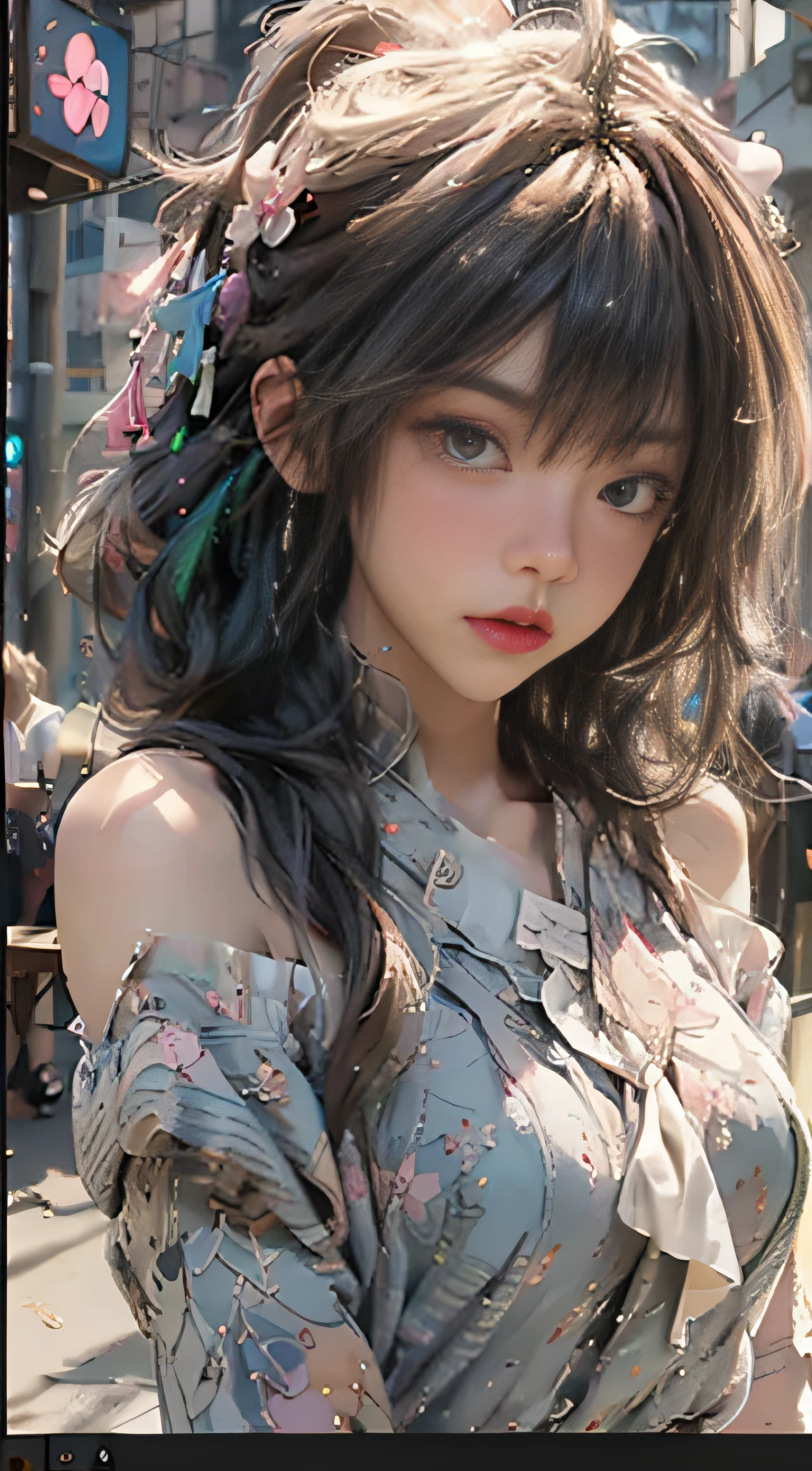 ((best qualtiy)), ((tmasterpiece)), (detail:1.4), 3D, Beautiful cyberpunk female images,hdr(HighDynamicRange),Ray traching,NVIDIA RTX,Hyper-Resolution,illusory 5,Sub-surface scattering,PBR textures,post-proces,Anisotropy Filtering,depth of fields,maximum definition and sharpness,Many-Layer Textures,Albedo e mapas Speculares,Surface coloring,Mitsu-Accurate simulation of material interactions,perfectly proportioned,rendering by octane,Two-colored light,largeaperture,Low ISO,White balance,Rule three points、8K raw data、beautiful bright pupils,off-the-shoulder clothes,Fine pupils,Delicate face and eyes,long eyelasher,Blushlush,Delicate and fluffy hair,Pink lips,Pure,Cute big breasts,Sweet girl,Artistic sense,Casual wear,Advancedsense,butterflys,Cherry blossom petal,Beautiful hair accessories