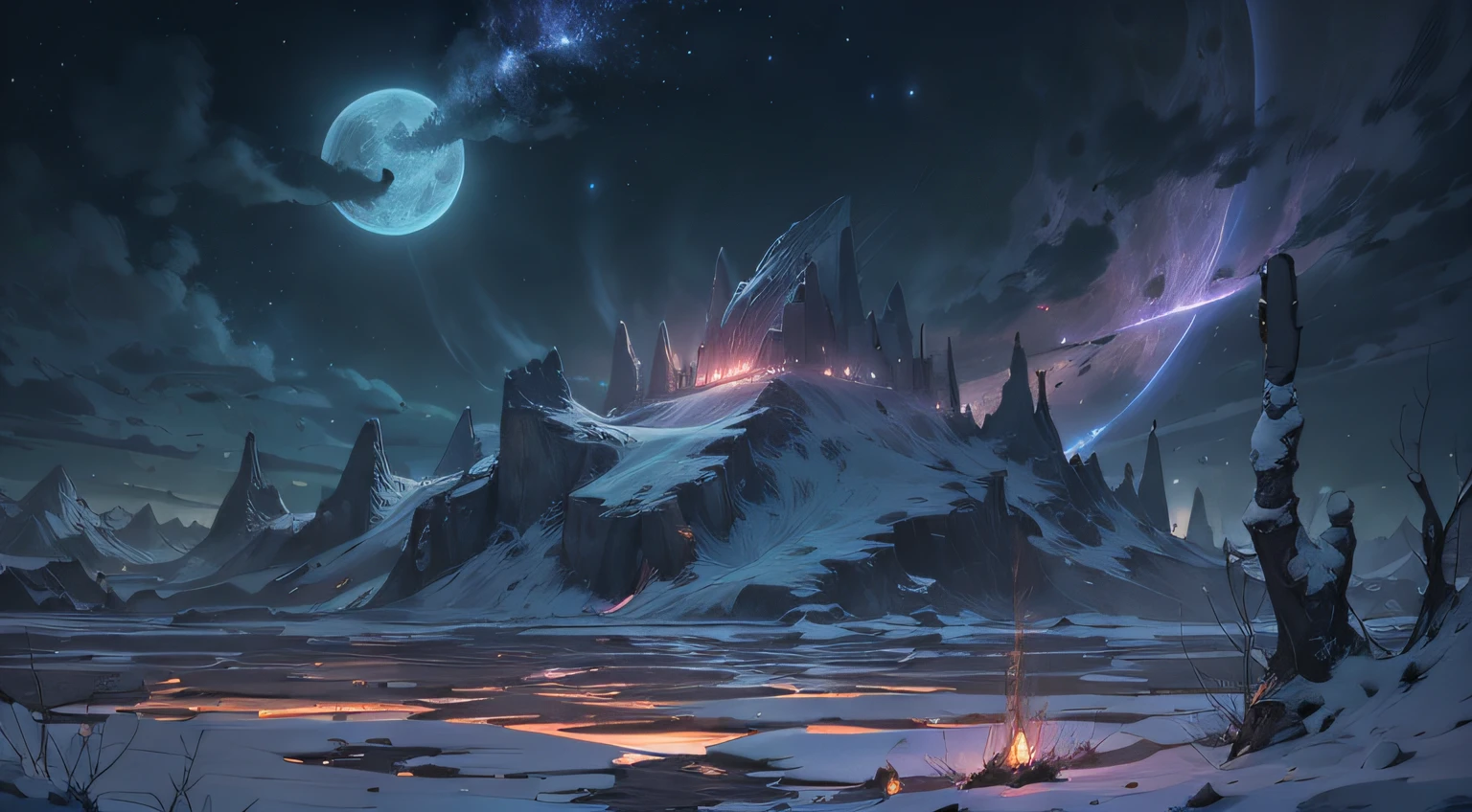 Expansive landscape photography, (See below.), Above is the sky, Below is an open field), (Full Moon: 1.2), (Meteor: 0.9), (Nebula: 1.3), distant mountain, BREAK tree making art, (Warm light source: 1.2), (Firefly: 1.2), lights, Very purple and orange, complicated detail, volume lighting, BREAK realism (Masterpiece: 1.2), (best quality), Ultra-detailed, RAWExtremely detailed, Colorful details,  (Rainbow colors: 1.2), (bright lighting, atmospheric lighting), Dreamlike, Magical, 4k