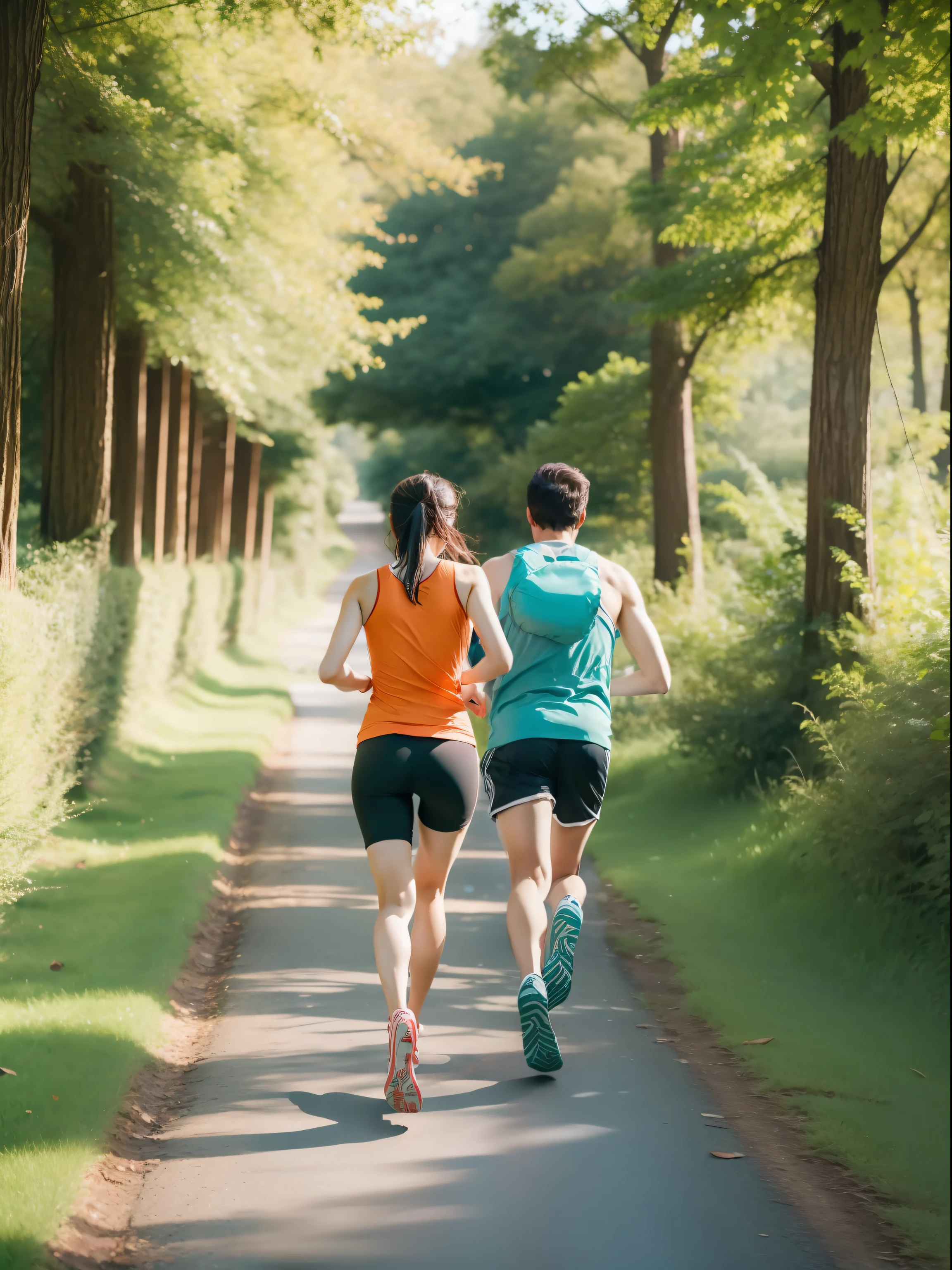 Woman and man jogging in beautiful nature with their backs to the camera