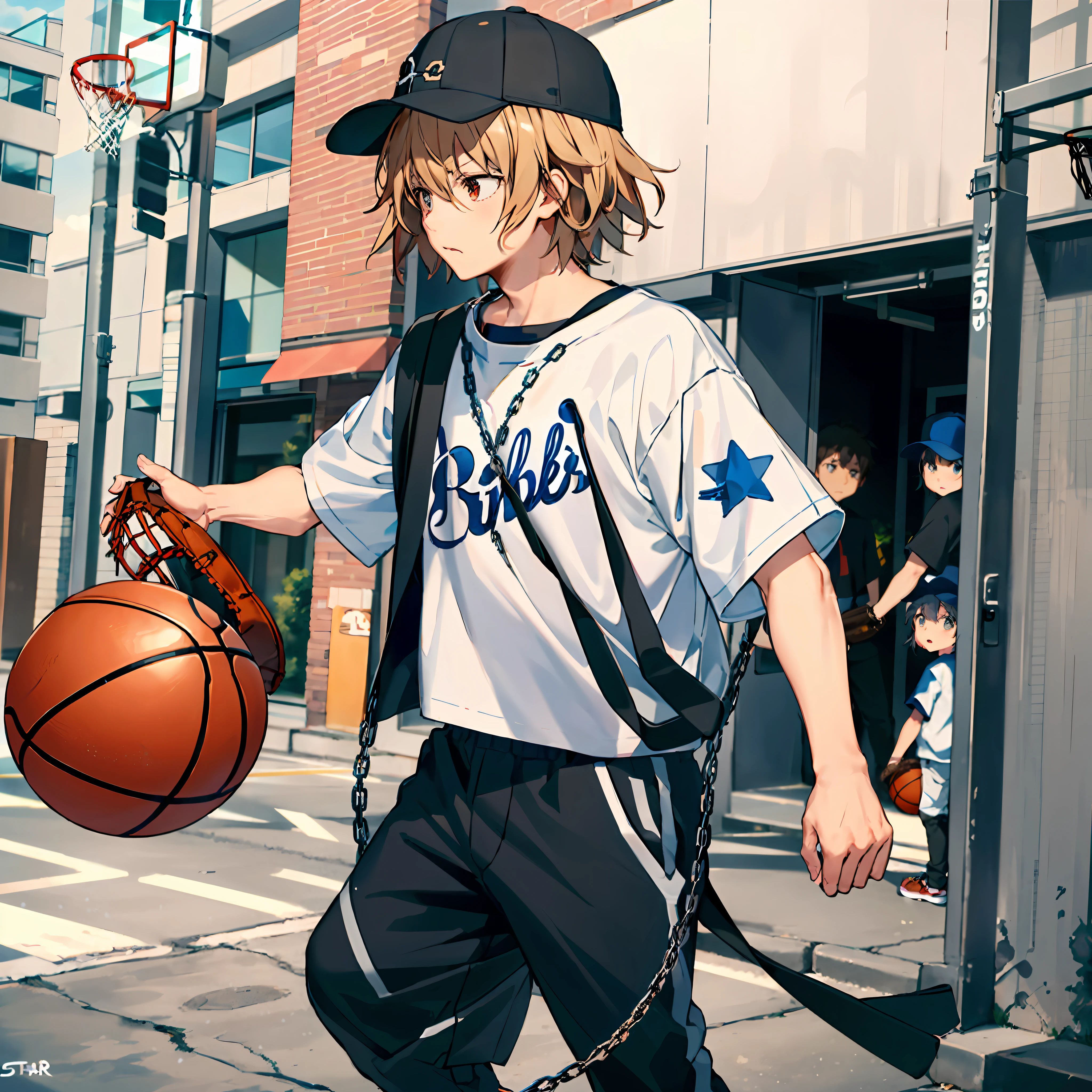 Mirai Kuriyama, street, The shirt, trouser, squatt, scribbles, baseball cap, basketball ball, staredown, disgust, chain,