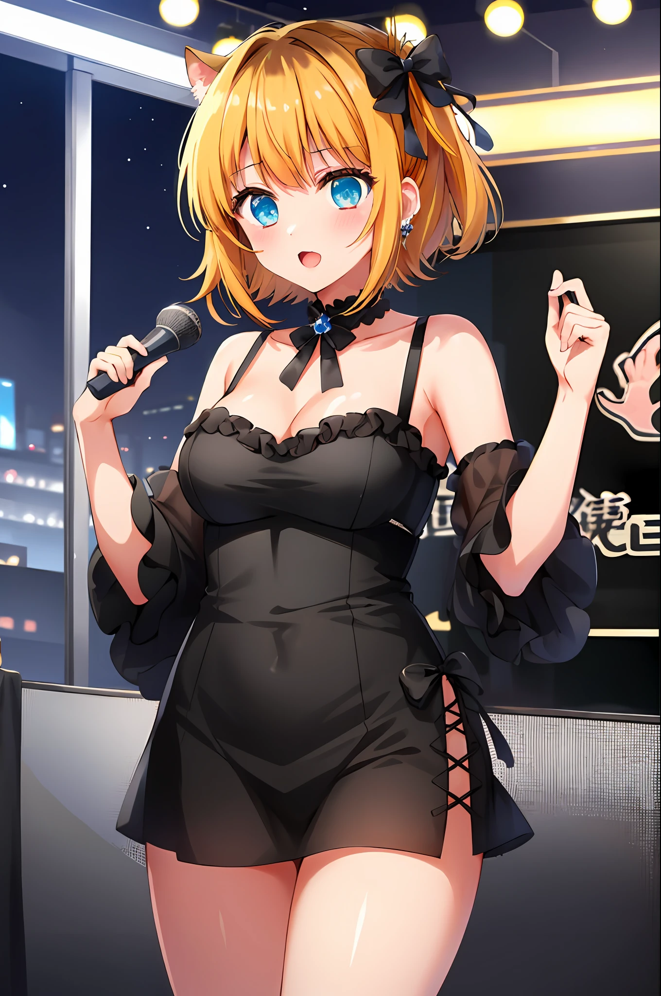 masterpiece, hightquality, Hi-Res, memcho, 1girl, 独奏, cowboy shot,Idol costumes、Live performance venue