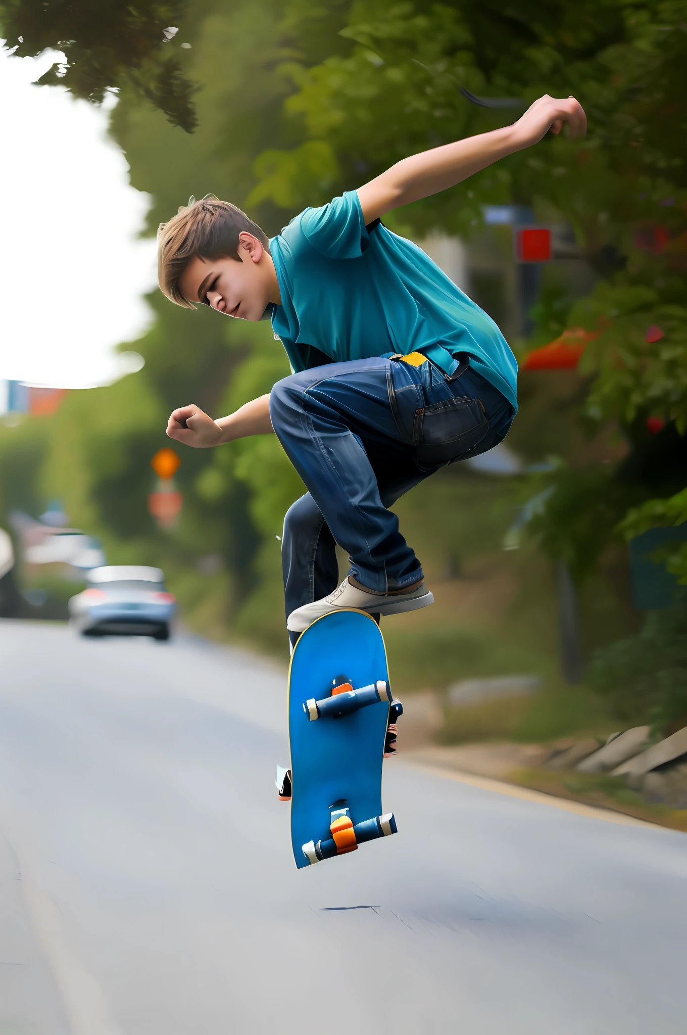 Skateboarding Junior，Draw a board on the side of the road，male people，Flexible body，Lateral face，Handsome facial features，Determined eyes