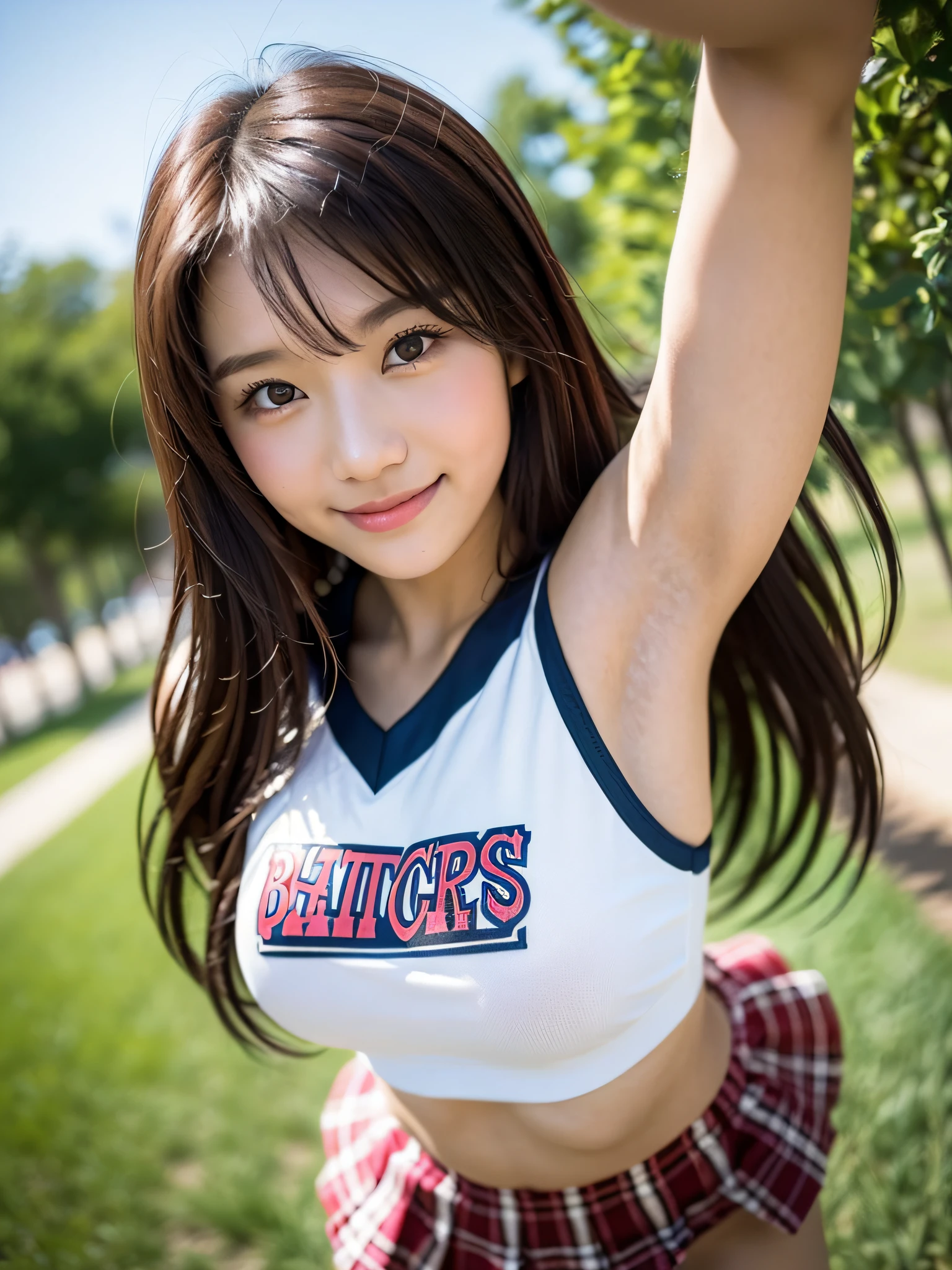 (8k、RAW Photos、top-quality、masterpiece:1.2)、(realisitic、Photorealsitic:1.37)、女の子1人、japanes、20yr old、femele、during daytime、a park、natural soft light、photon maping、Radio City、Dark brown hair、((Angle from below))、(full bodyesbian)、详细的脸、Detailed lips、detailedeyes、More skin、二重まぶた、(huge-breasted:1.5)、(Cheergirl Uniforms)、(a miniskirt)、Not wearing a bra、((Not wearing panties))、perfectbody、shinny skin、Lively poses like cheerleading、Jumping、cowboy shot、a smile、Make eye contact with the camera