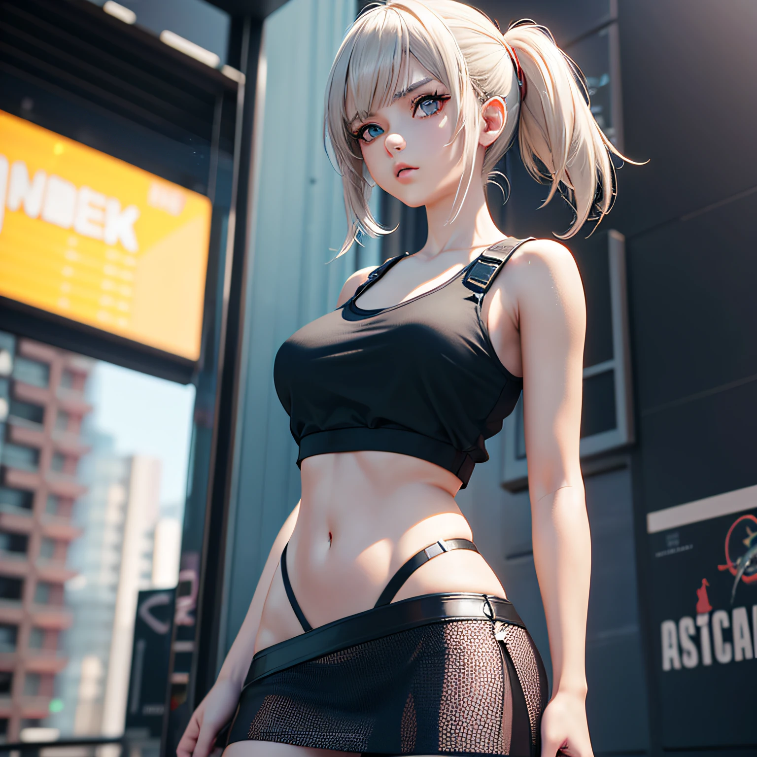 Blonde woman posing for photo in black blouse and fishnet skirt, photorealistic anime girl rendering, Realistic anime 3 D style, 3 d anime realistic, cyberpunk anime girl, Cyberpunk 2 0 y. o model girl, seductive anime girls, female cyberpunk anime girl, Anime style. 8K, hyper realistic anime, trending on cgstation
