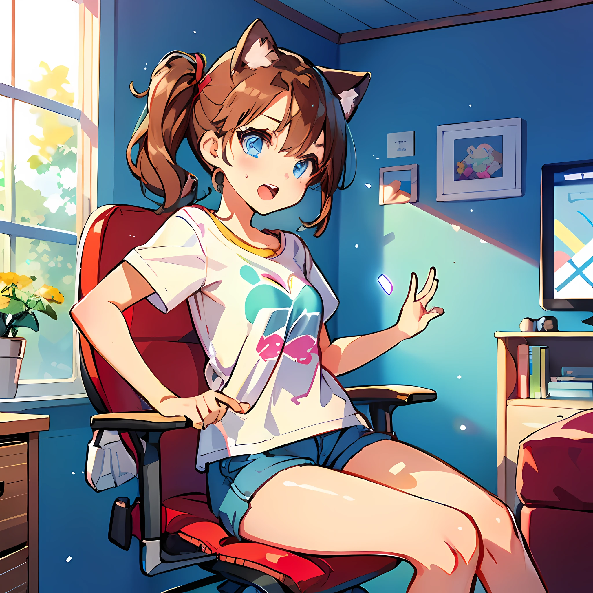 One girl.
(Masterpiece, top quality, Kyoto animation style illustration, top quality, official art, aesthetics, beautiful details, :1. 2), break, (one girl), very detailed, colourful, best details, break, (bombshell breasts: 1. 2,), clear skin, beautiful skin, shy skin, with fringes, 1 beautiful girl, brown hair, (cat ears, ponytail, medium-long hair: 1. 2), (light blue eyes, long eyelashes, double eyelids: 1. 2), solo, break,
A fan that swings its head and sends wind into the room.
The girl is One girl.
T-shirt and shorts. Sweat.
Girl's room, bed, desk, chair, TV, shelves with knick-knacks.
A fan that swings its head and sends wind into the room.
The girl is sitting in front of the fan, mouth wide open, screaming into the fan
'Aaaaahhhhhh!'
A summer scene.