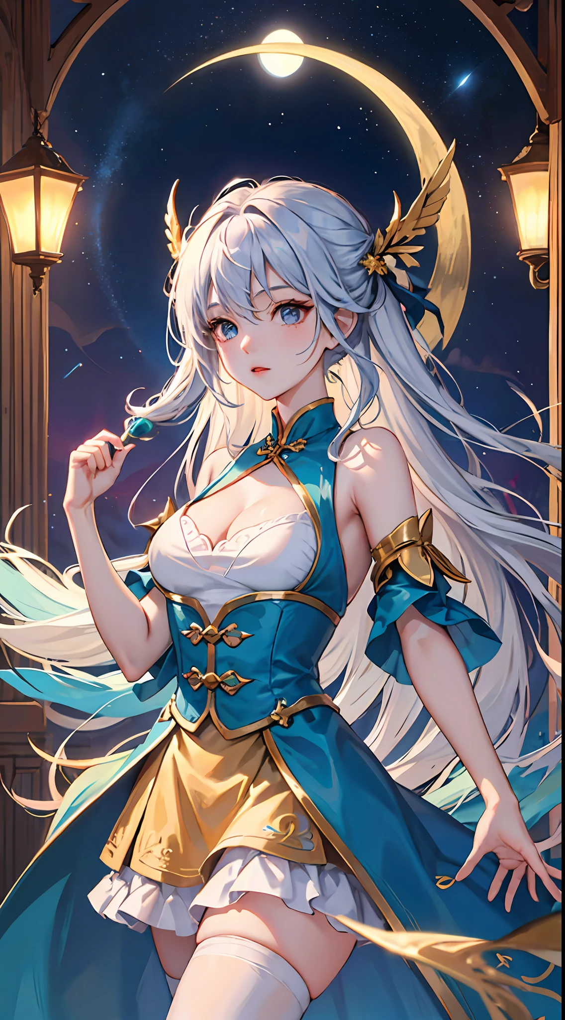 独奏,A girl,A woman with long white hair,blue color eyes,Wearing a white T,Shoulders exposed,little breast,short skirt,Forest at night,themoon,As estrelas,nigh sky,a plant,Higher quality,high detal,超高分辨率,8K分辨率,Works of masters,Best image quality。