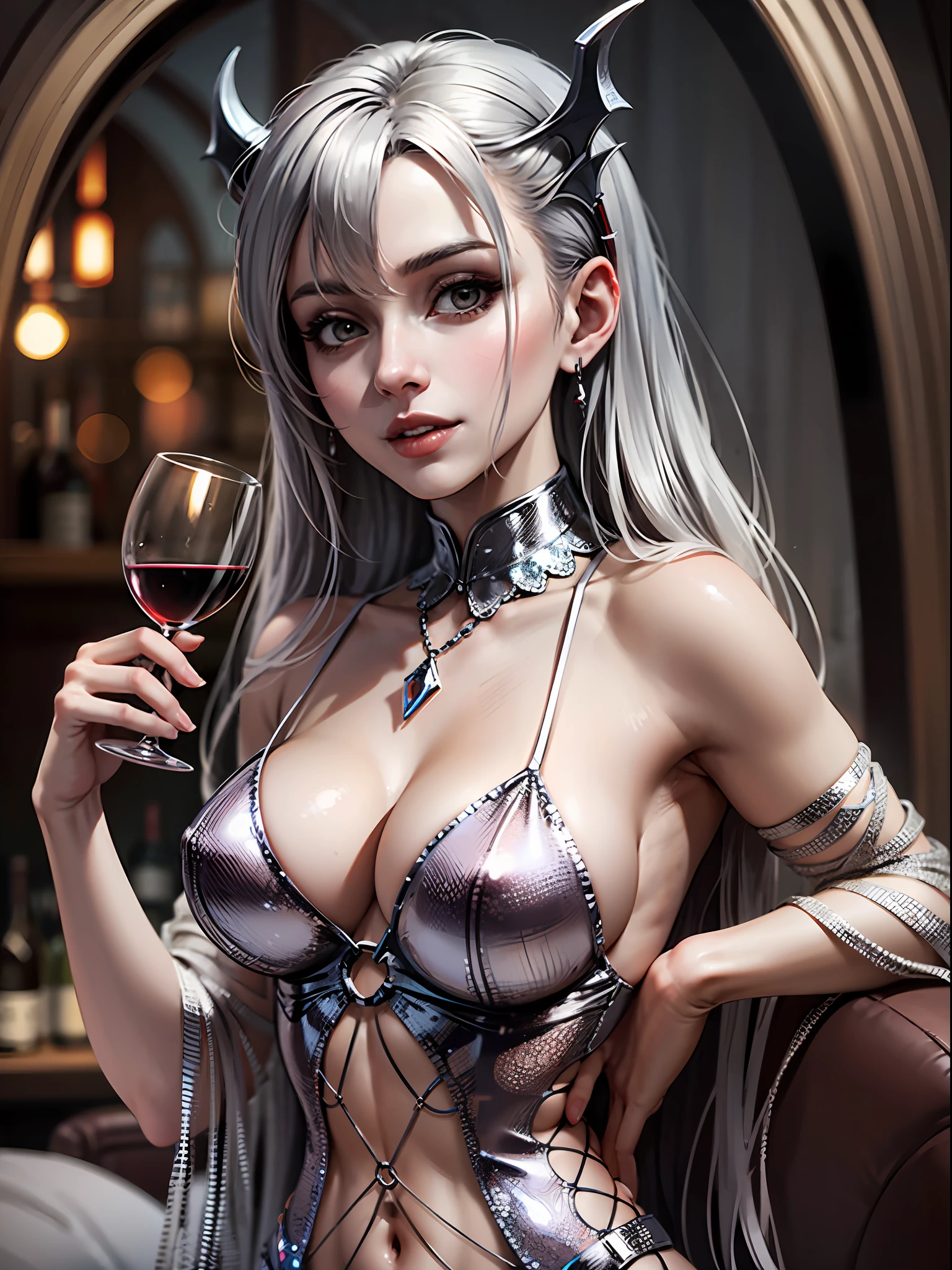 A young female vampire, beautiful, in a silver gown, holding a glass of wine in her hand. --auto --s2