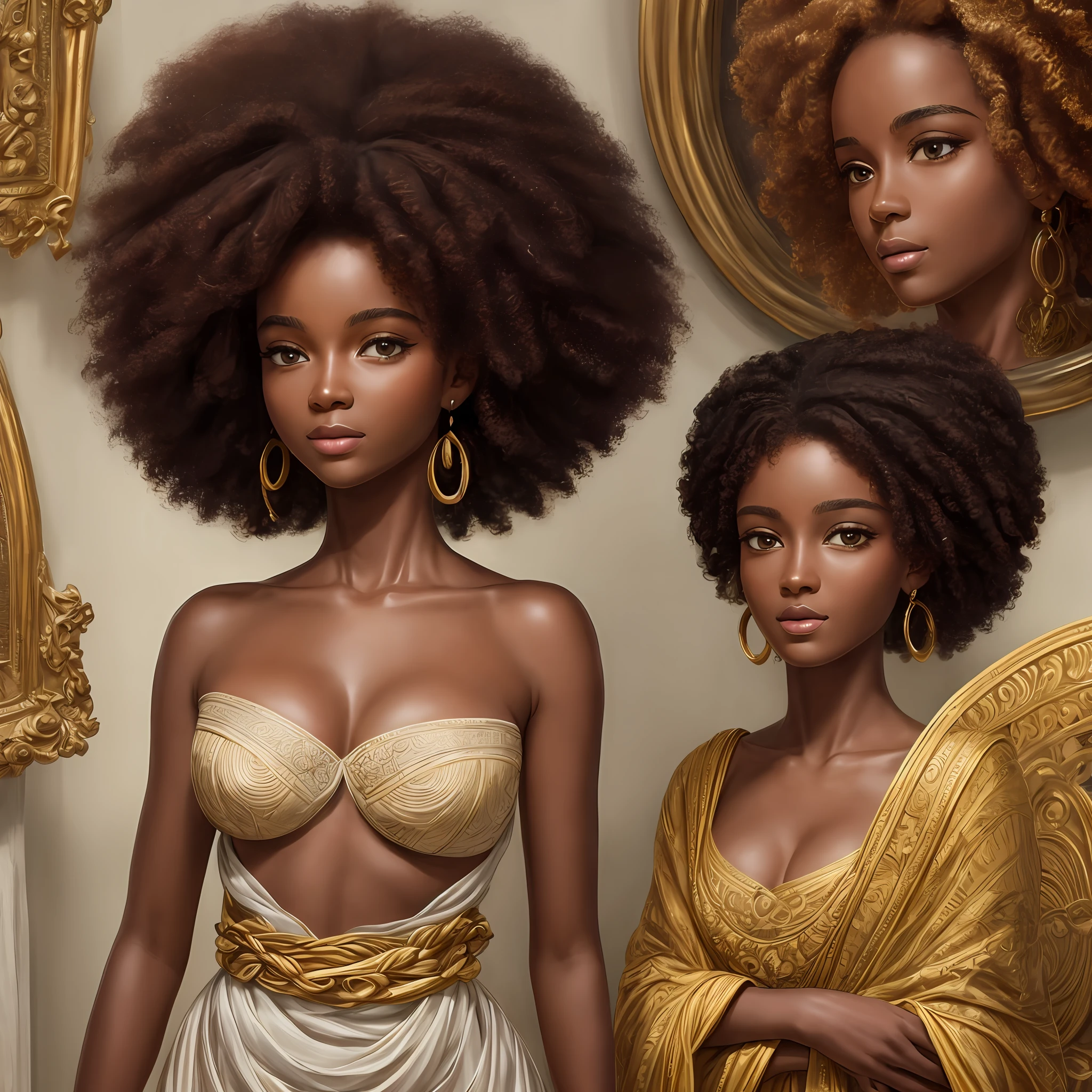 (best quality, masterpiece), afro hair, delicate features, goddess, happy facial expression, standing upright, staring straight ahead, clay-like painting. --auto