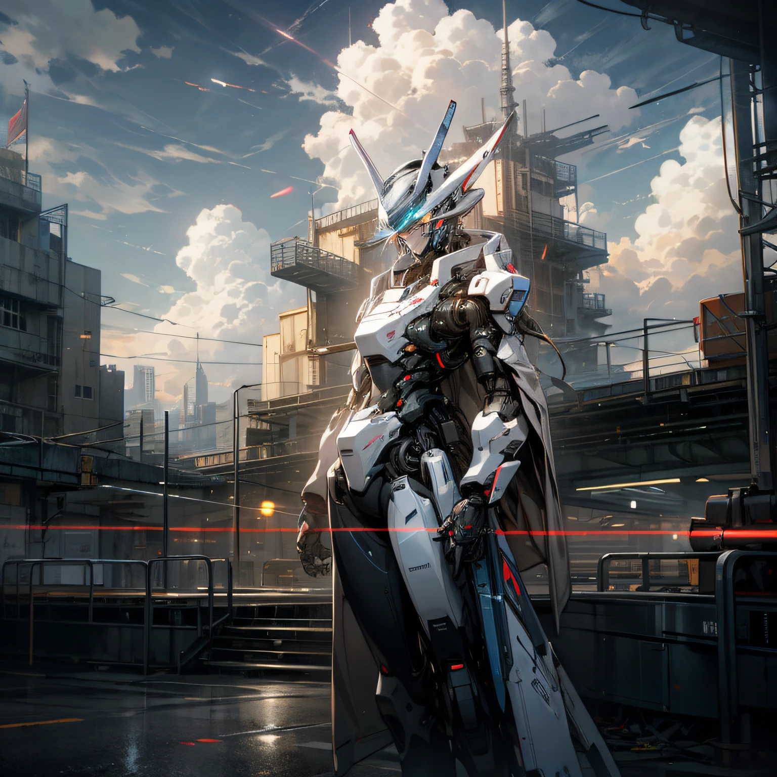Sky, Clouds, holding_weapon, no_humans, Glow, Robots, Architecture, Science Fiction, Cities, Reality --auto --v6
