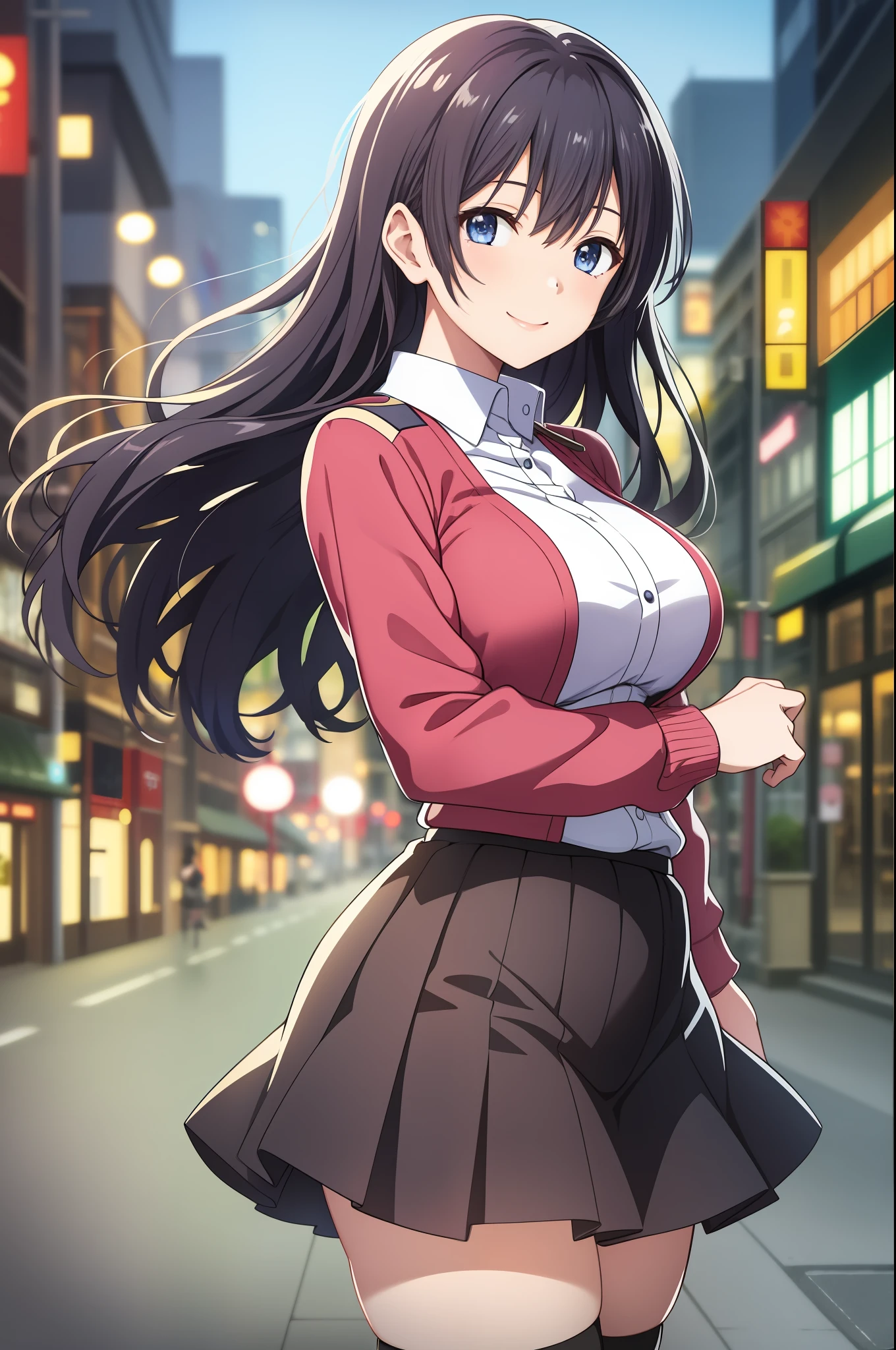 highres, ultra detailed, (1girl:1.3), (dynamic pose):1.0 BREAK, cowboy shot, 1 extremely beautiful and glamorous school idol at downtown night street, wearing a white collard shirt and a knee-length long pleats skirt, black stockings, she has black wavy two-side-up hair style, gigantic-breasted, smile, happy, wind, 8 life size, detailed clothes, detailed body, detailed arms, human hands, detailed hands, blush, light smile, looking the viewer, facing the viewer, sexy model posing, extremely leaning forward against the viewer, Lights are lit around the street and stars are shining in the sky, studio soft light, cinematic light, detailed background, realistic, ultra-realistic, masterpiece, 32k ultra-sharp image, Japanese anime waifu, concept art by Kyoto animation, Makoto Shinkai,