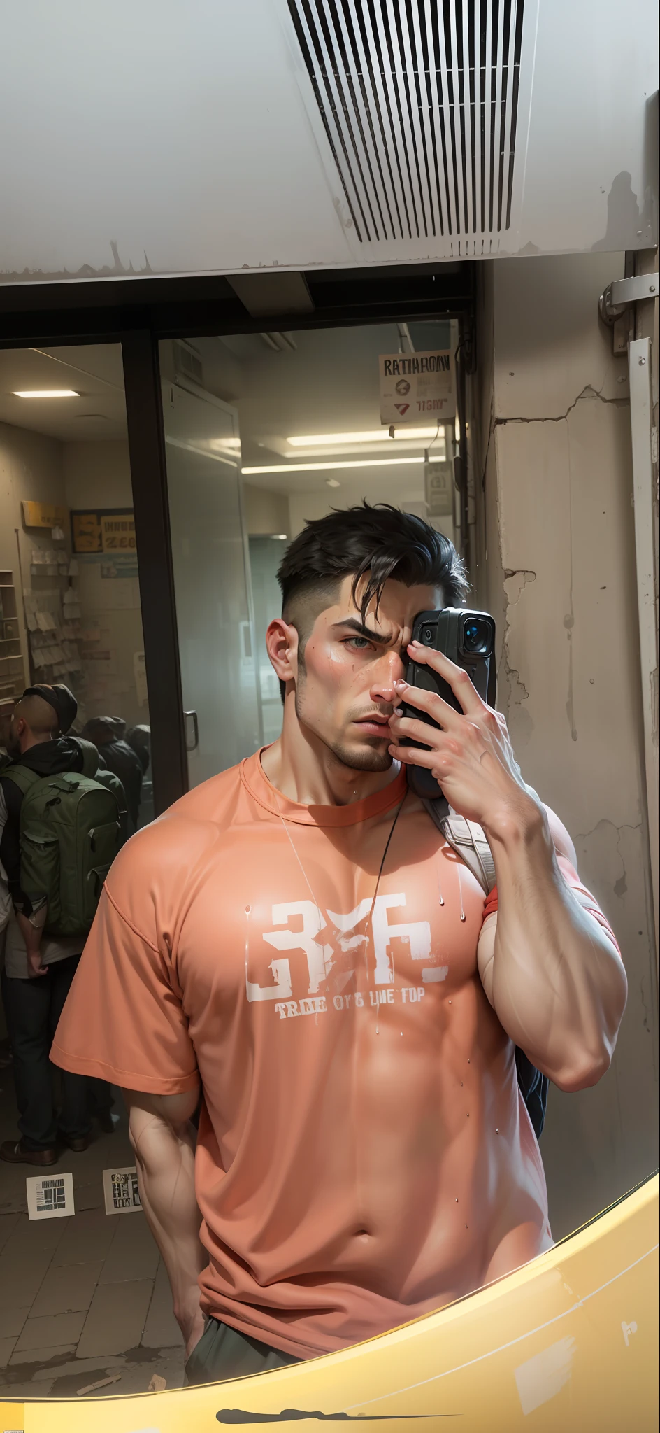 Strong muscular man, street rage, backpack, epic realism, photo, faded, complex stuff around, complex background, wet, neutral colors, ((((hdr)))), (((( muted colors)))), complex scene, artstation, intricate details, vignette