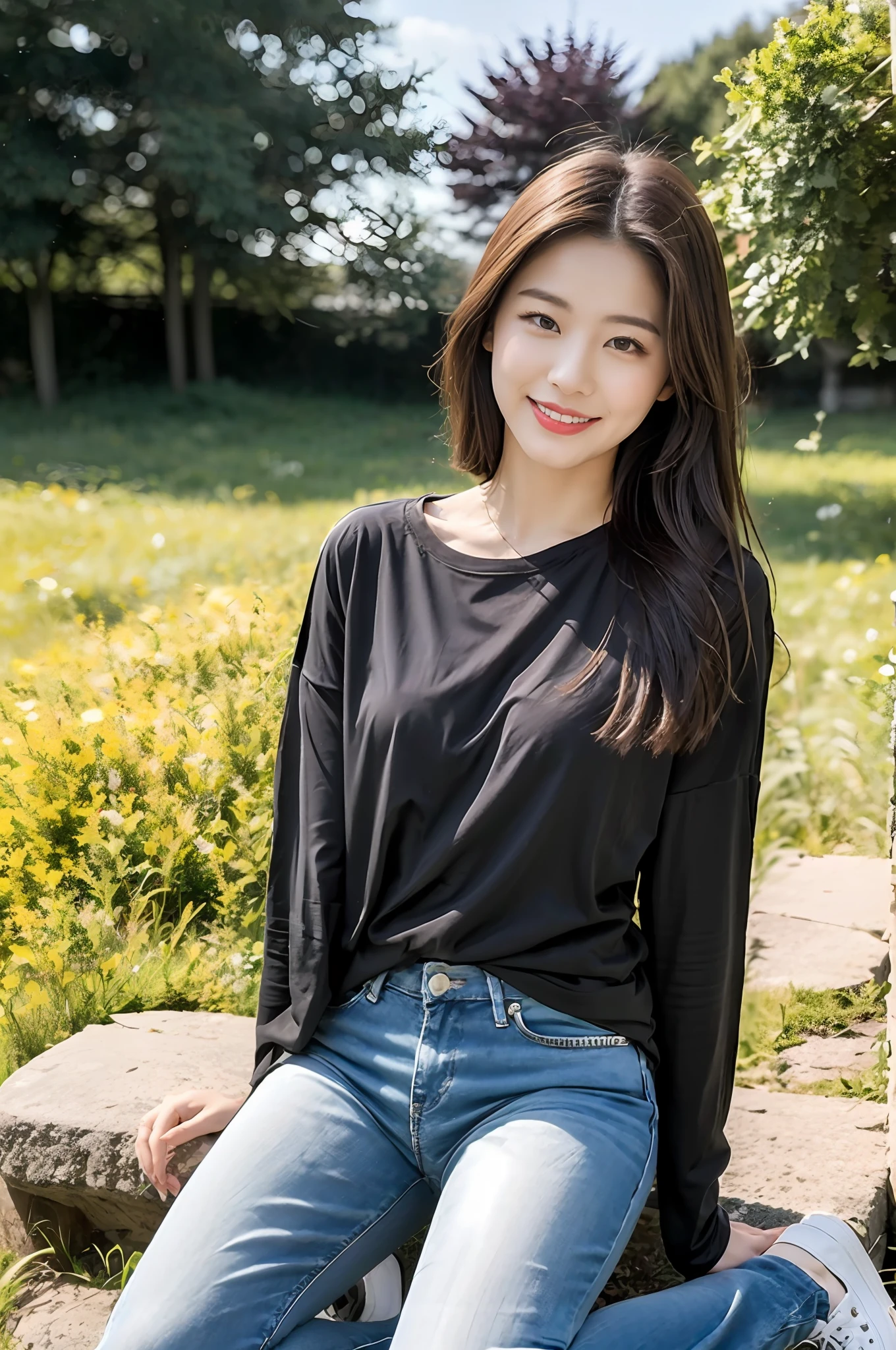 (best qualtiy:1.4),Complicated details,20 years old Korean girl,Wear a loose black T-shirt and skinny jeans,Stand on the grass and take pictures,Detailed meadow,A sweet smile,Ultra-realistic facial details,Coquettish pose,The calves are straight and slender:1.2,Wear high-end branded travel shoes:1.0,fully body photo:1.5