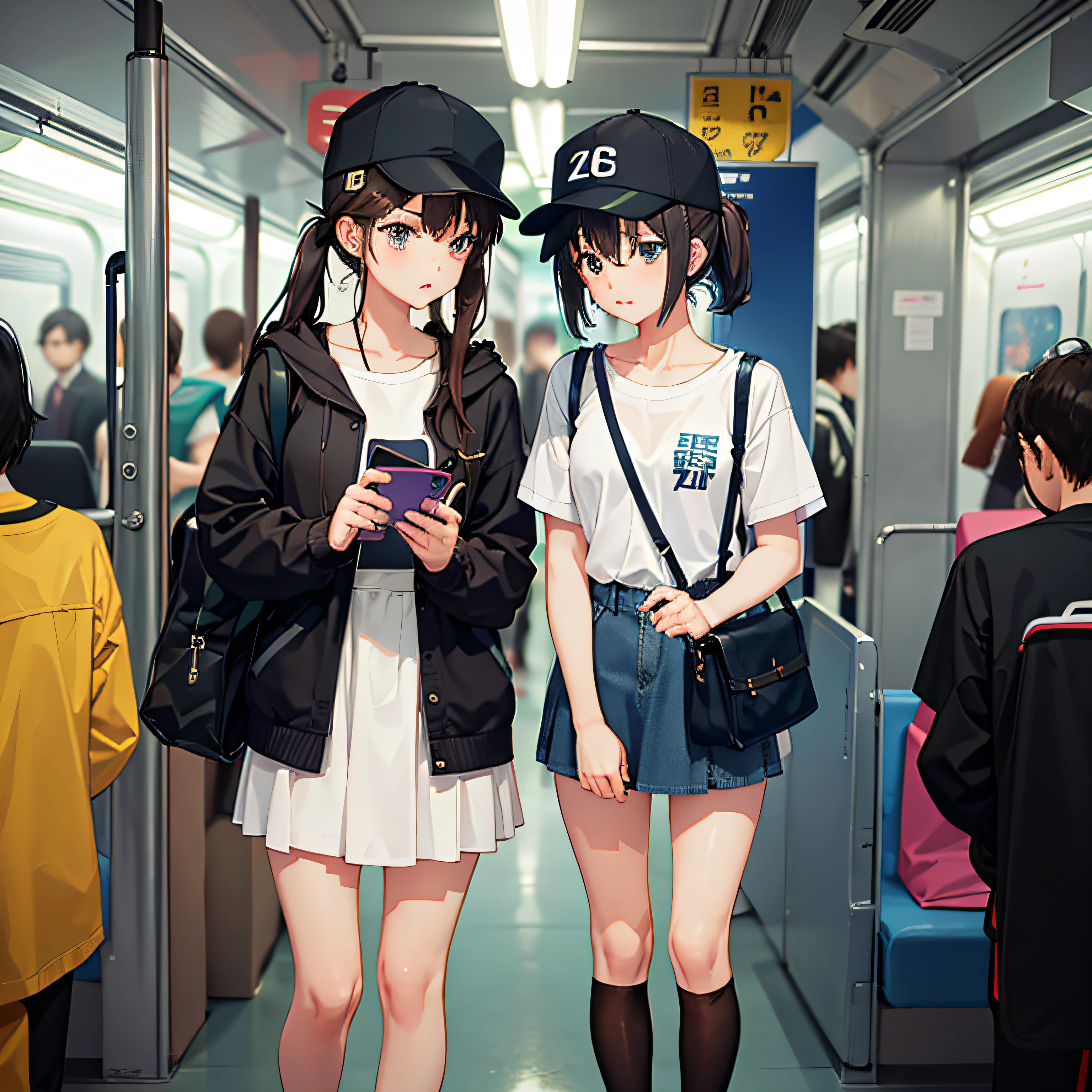 On the subway，High school student Kuroshinaga straight girl，With a platypus hat，Slightly flush bangs，Holding a cell phone in one hand，Look at your phone，One hand taps the phone screen，Listen to music with wired headphones，Leaning against the pillars of the subway，There are earrings on one ear and none on the other，Black cotton stockings，Ordinary shoes。 --auto