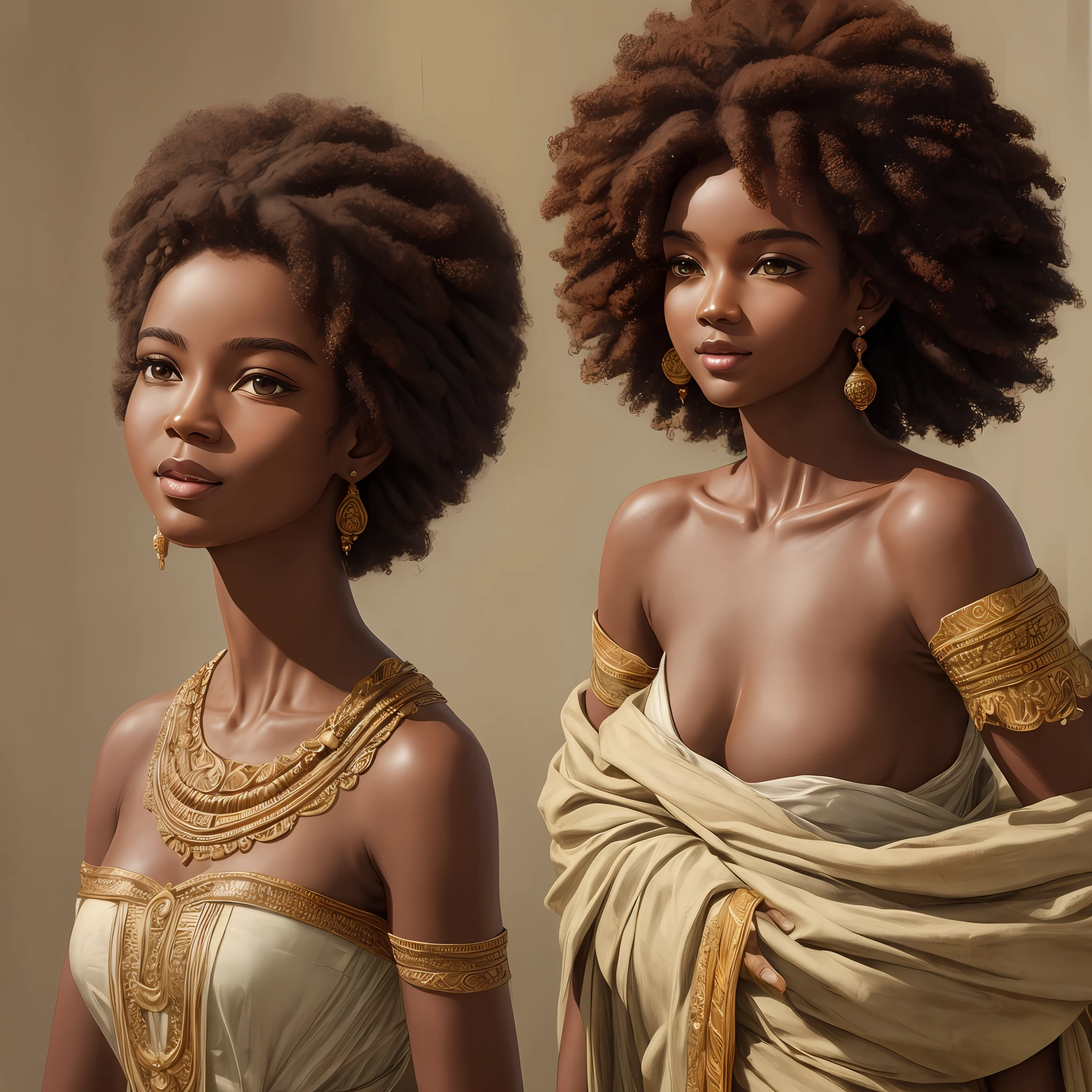 (best quality, masterpiece), afro hair, delicate features, goddess, happy facial expression, standing upright, staring straight ahead, clay-like painting. --auto